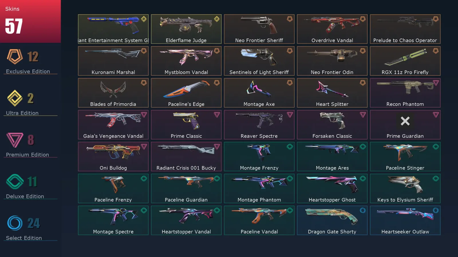 [Valorant] | EU | Level 121 | Gold 1 | 29 Agents | 57 Skins