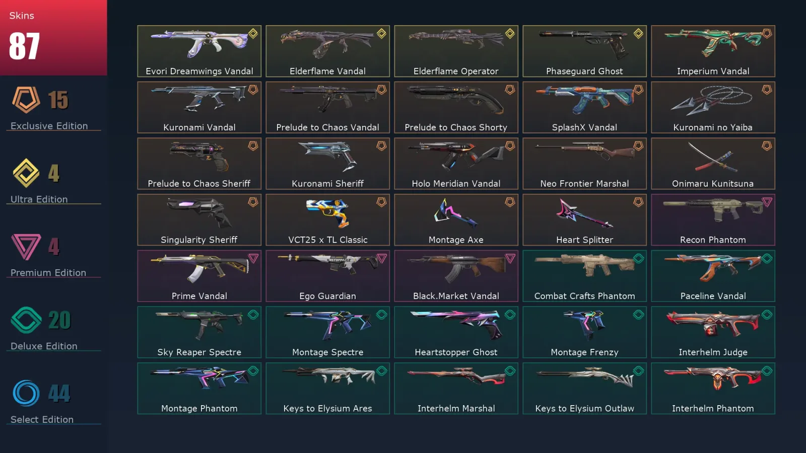 [Valorant] | EU | Level 1 | Immortal 1 | 16 Agents | 87 Skins