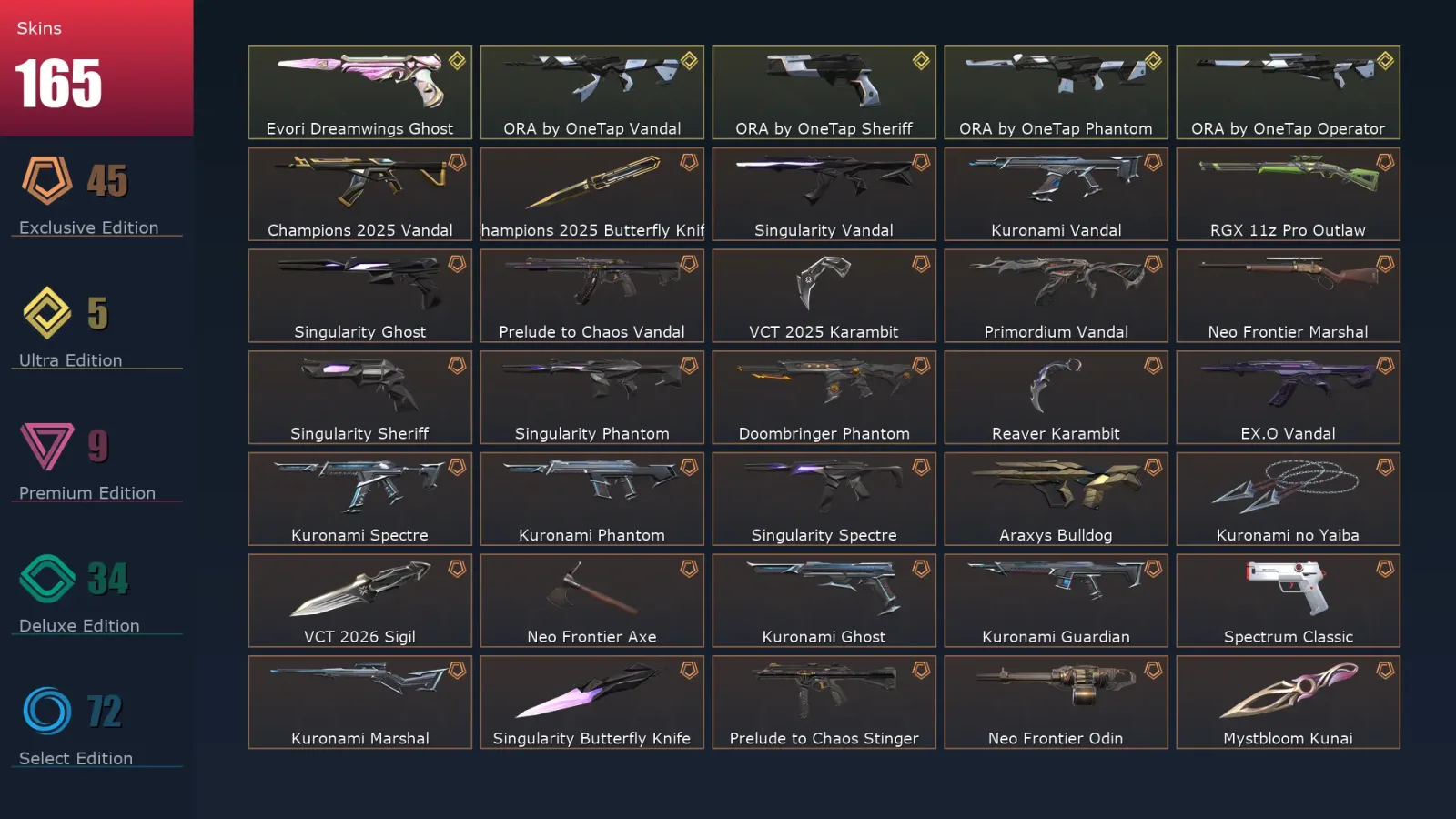 [Valorant] | EU | Level 212 | Gold 1 | 29 Agents | 165 Skins