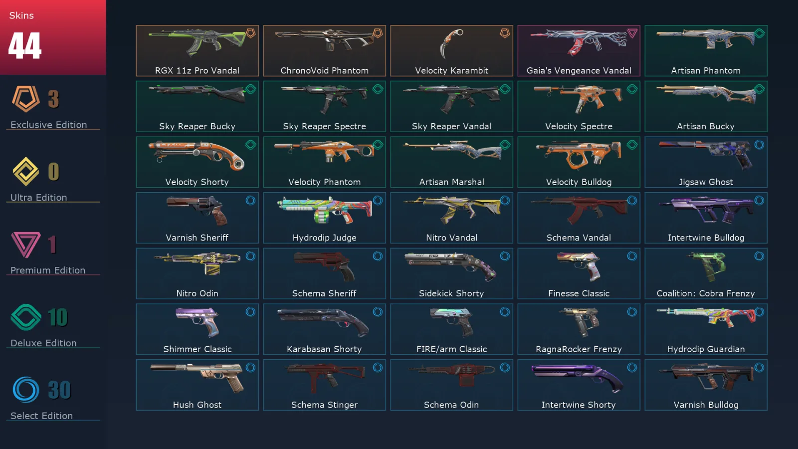 [Valorant] | EU | Level 146 | Gold 2 | 26 Agents | 44 Skins