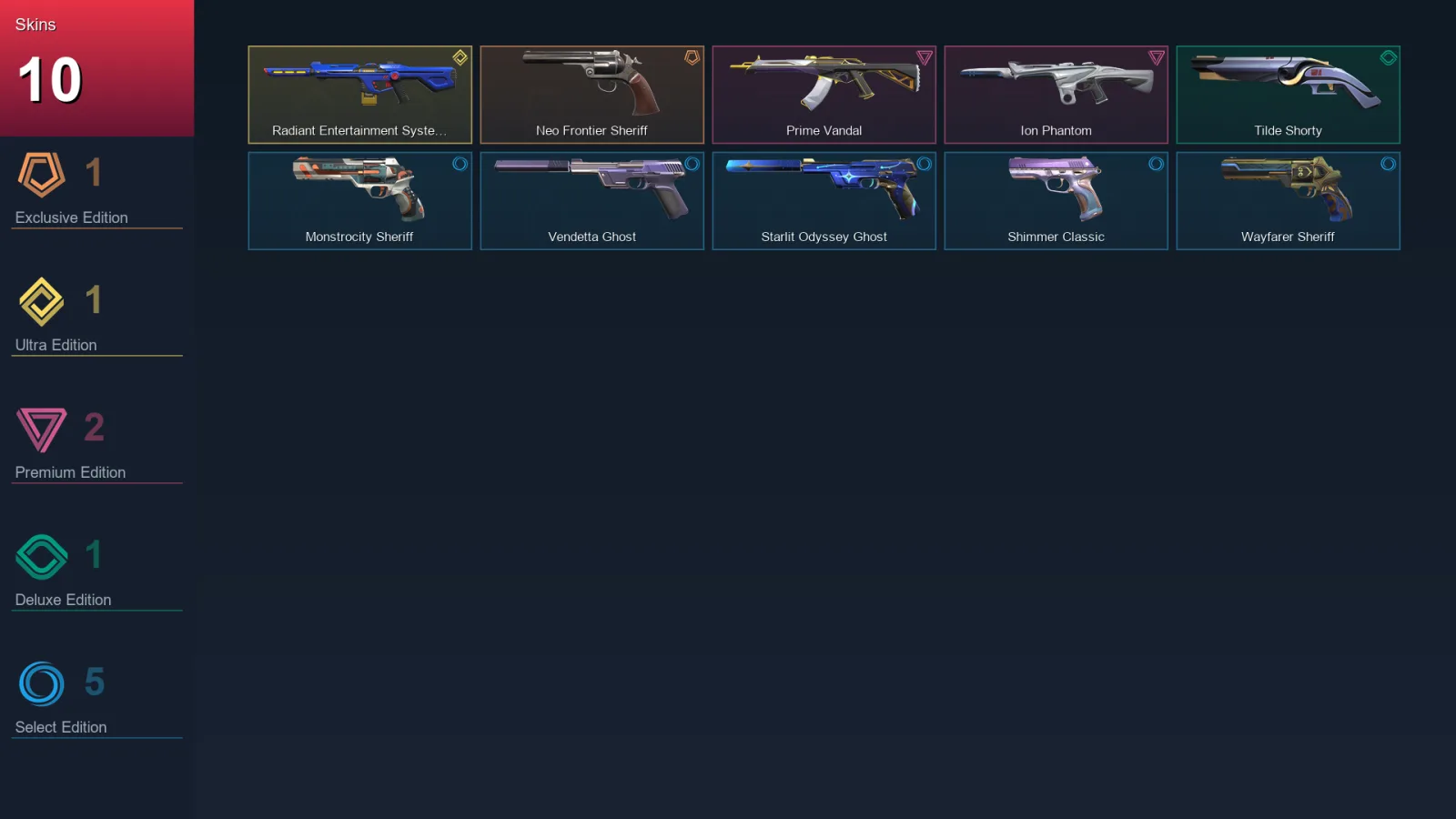 AP | Neo Frontier Sheriff | Radiant Entertainment System Phantom | Prime Vandal | Ion Phantom | 10 Skin | 27 Agent | 61 Buddy | Lv143