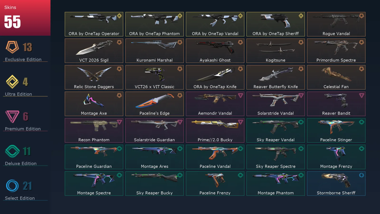 [Valorant] | EU | Level 52 | 21 Agents | 55 Skins
