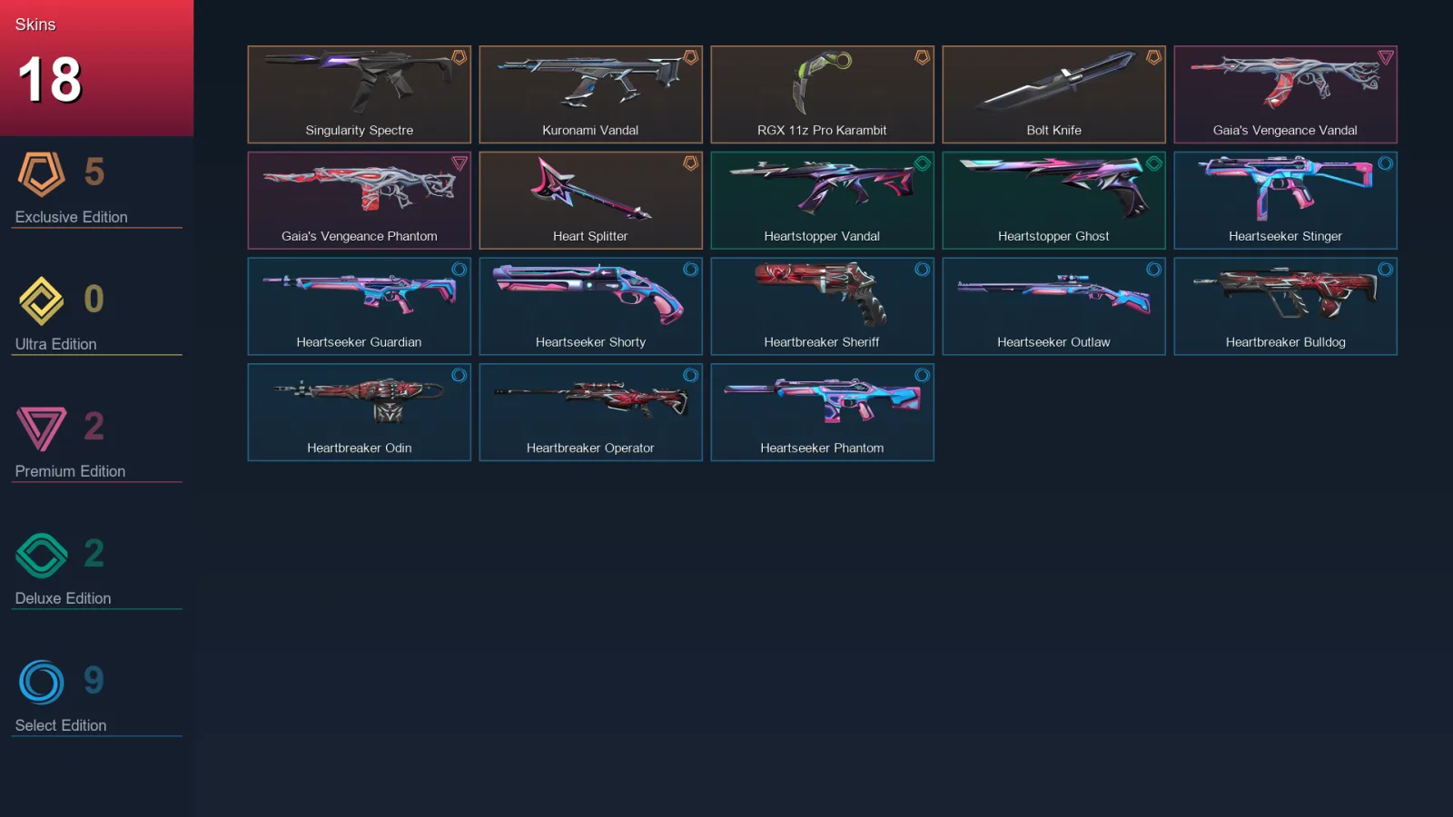 EU | Lv29 | Unranked | 18 Skin | 12 Agent | 16 Buddy — Heartbreaker Operator