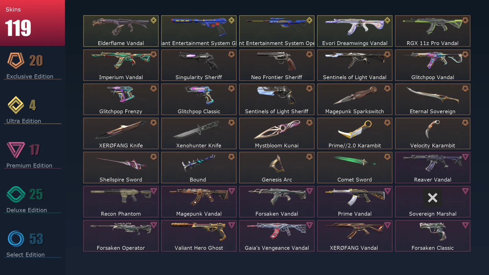 [Valorant] | EU | Level 143 | 24 Agents | 119 Skins