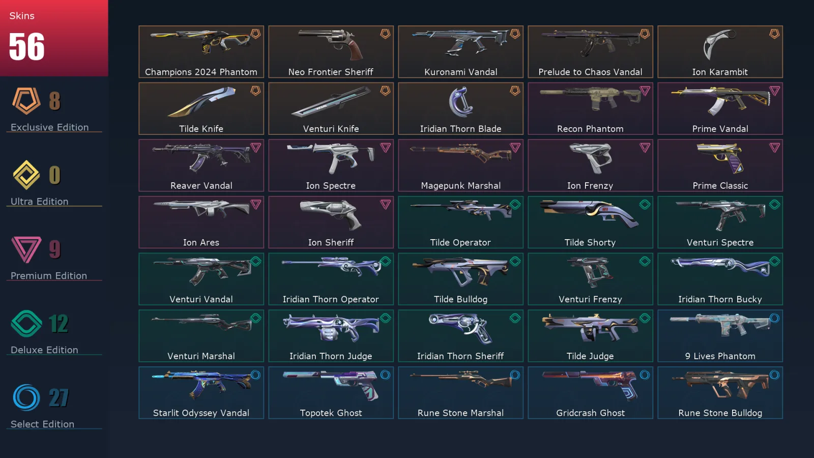 [Valorant] | EU | Level 158 | Gold 2 | 28 Agents | 56 Skins