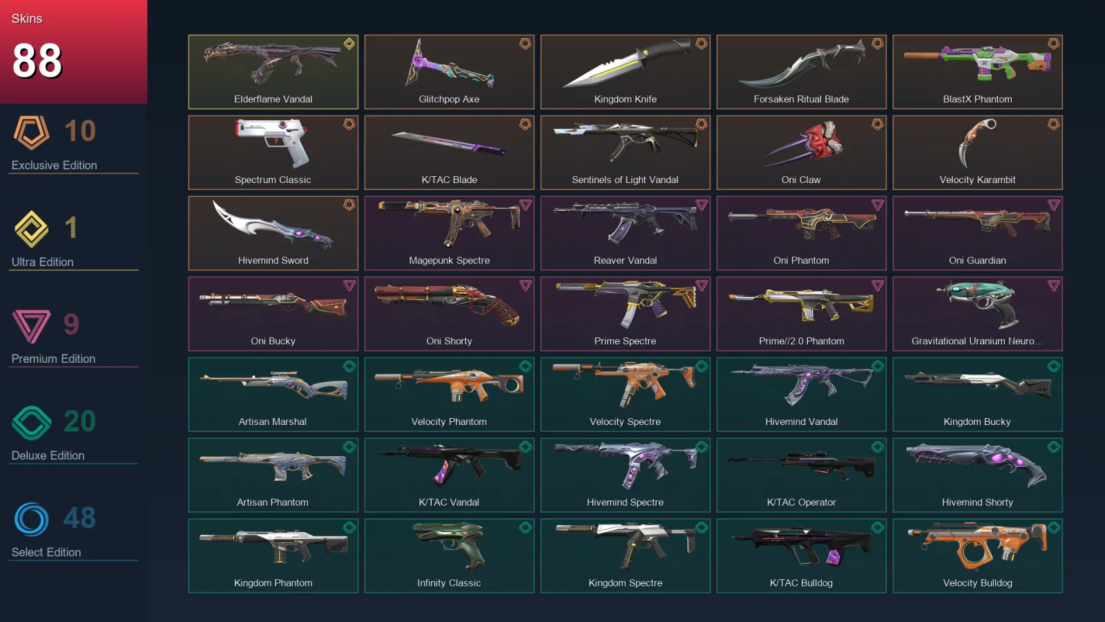 AP | Lv165 | Unranked | 88 Skin | 22 Agent | 97 Buddy