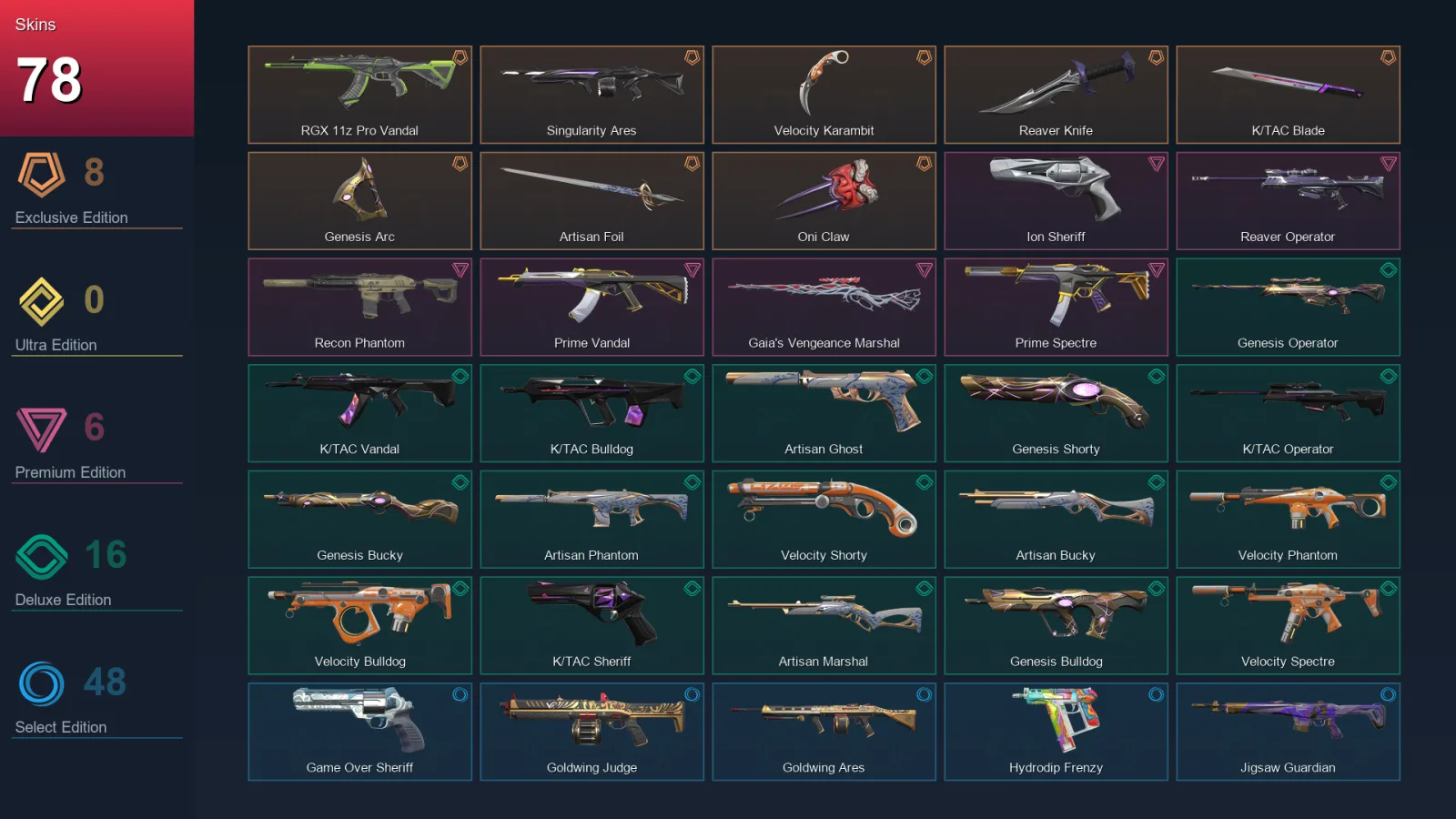 AP | Lv268 | Unranked | 78 Skin | 27 Agent | 129 Buddy