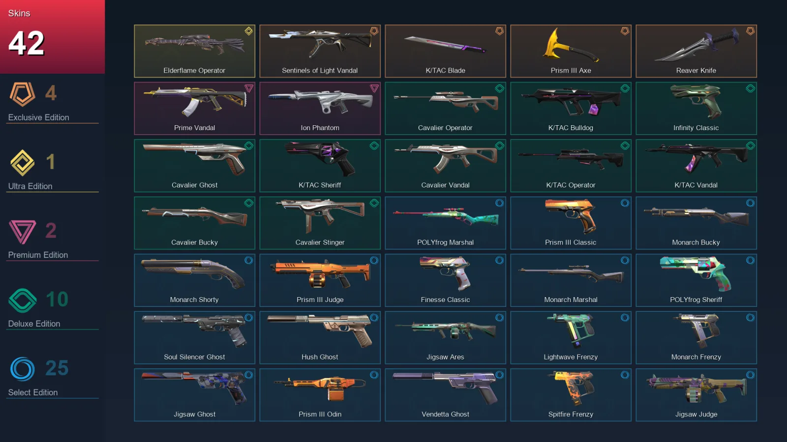 EU | Sentinels of Light Vandal | K/TAC Blade | Prism III Axe | Reaver Knife | 42 Skin | 18 Agent | 55 Buddy | Lv175