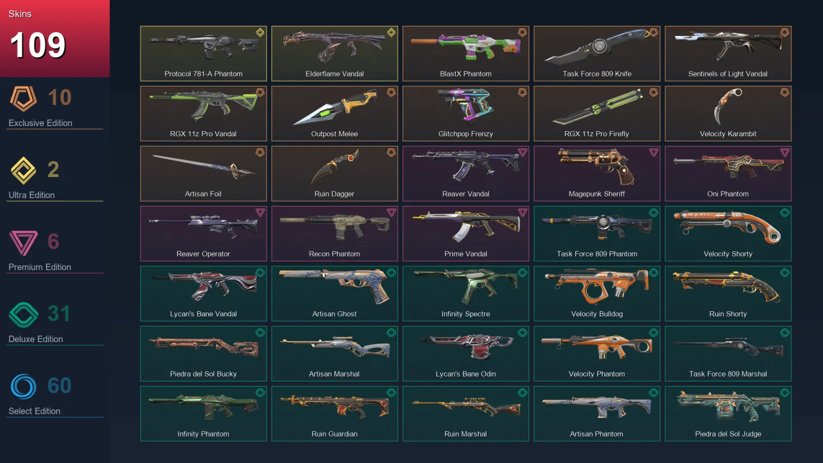 NA | BlastX Phantom | Task Force 809 Knife | Sentinels of Light Vandal | RGX 11z Pro Vandal | 109 Skin | 21 Agent | 113 Buddy | Lv167