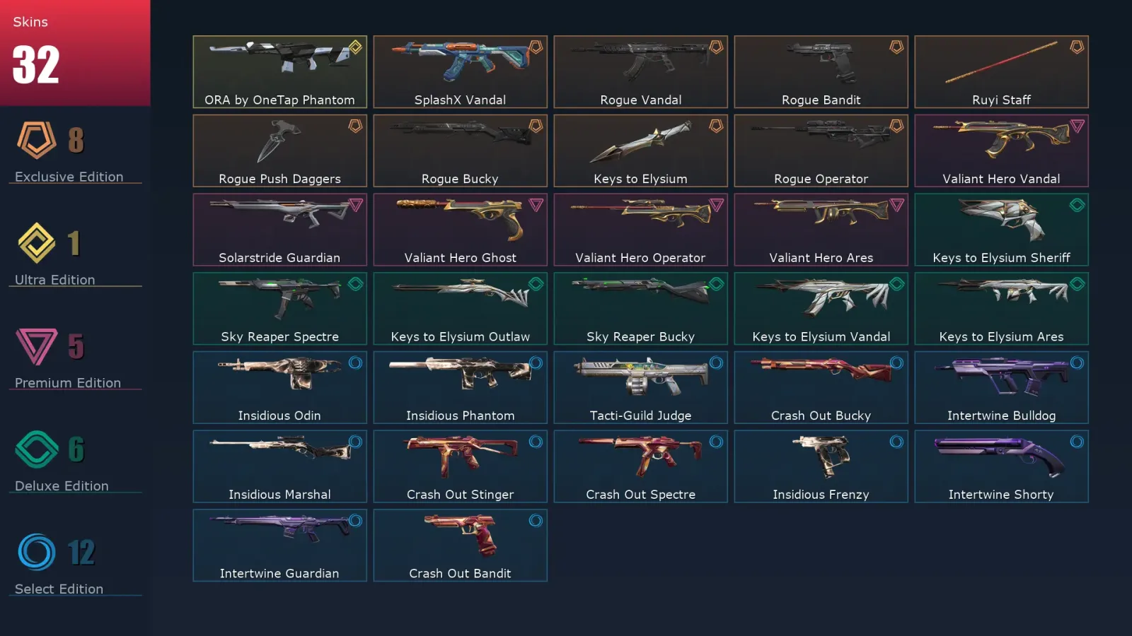 [Valorant] | EU | Level 50 | Diamond 1 | 14 Agents | 32 Skins