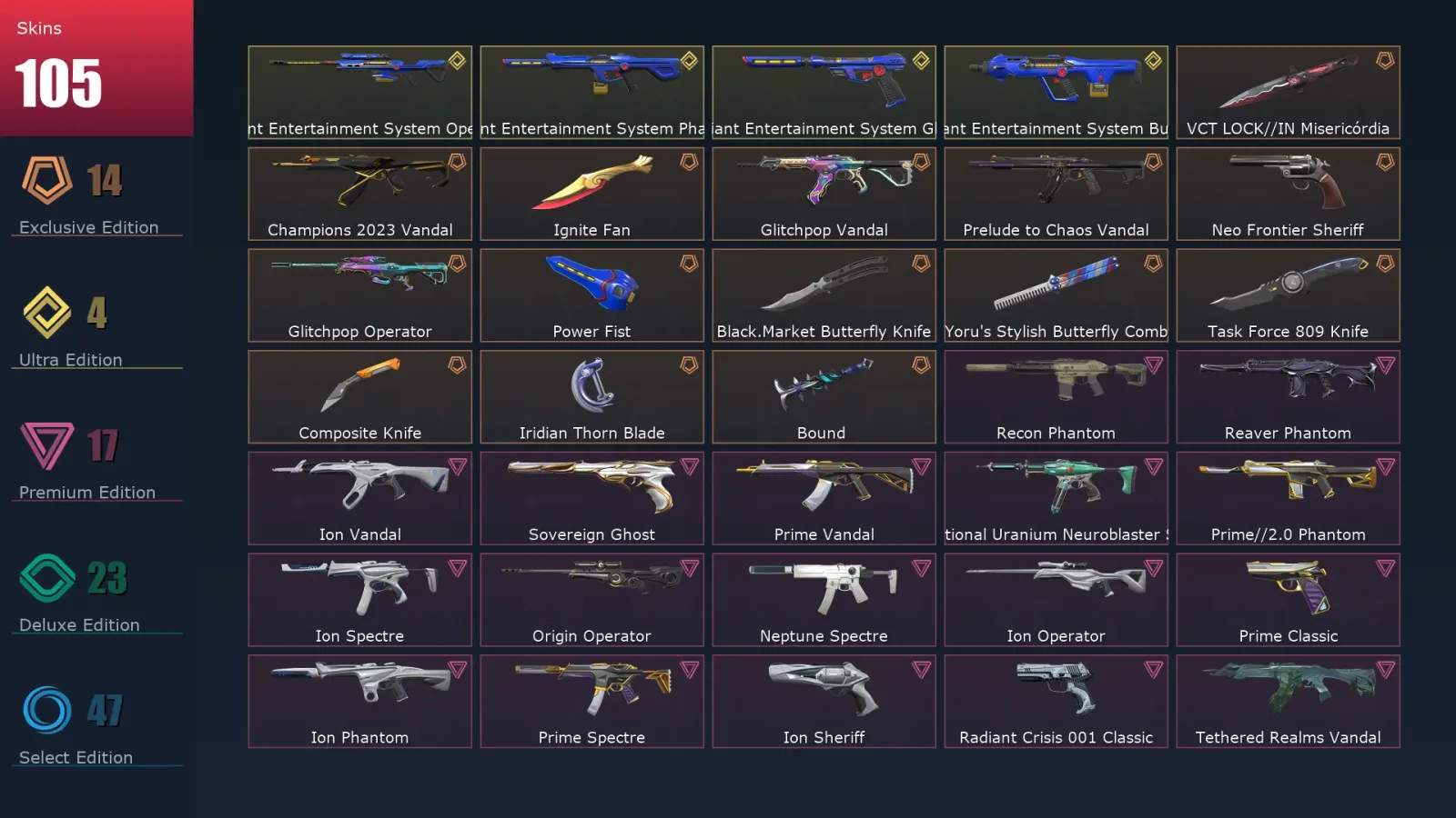 [Valorant] | EU | Level 232 | 29 Agents | 105 Skins
