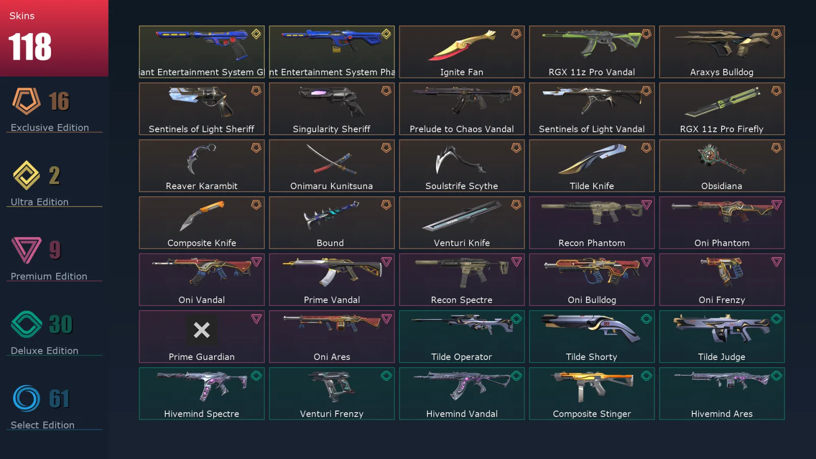 [Valorant] | EU | Level 327 | Gold 3 | 29 Agents | 118 Skins