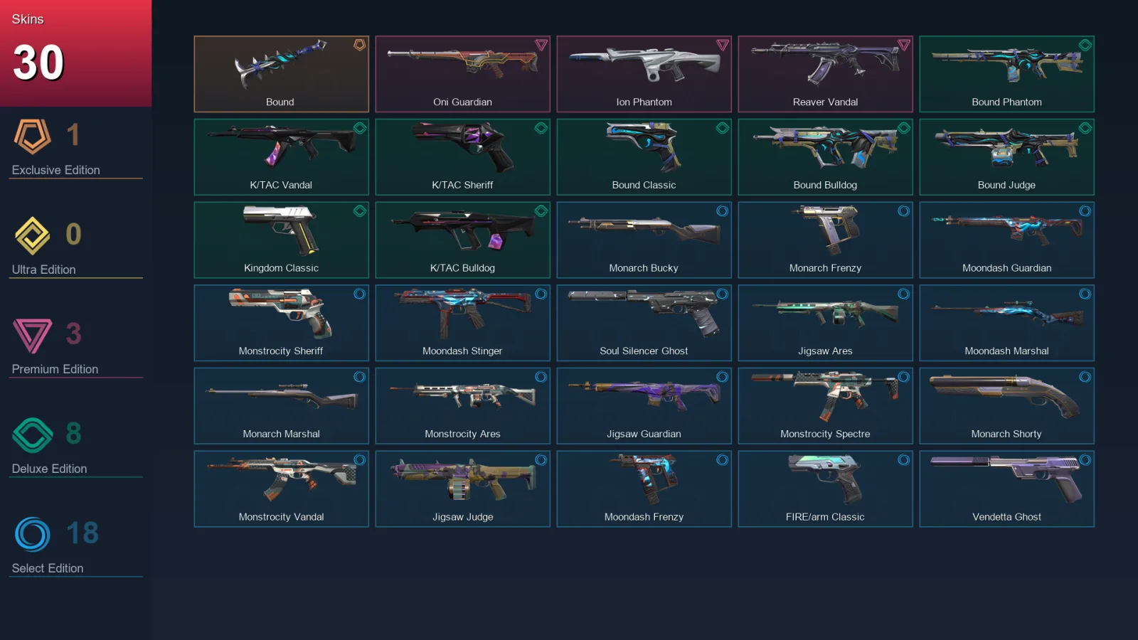 EU | Bound | Oni Guardian | Ion Phantom | Reaver Vandal | 30 Skin | 14 Agent | 36 Buddy | Lv86