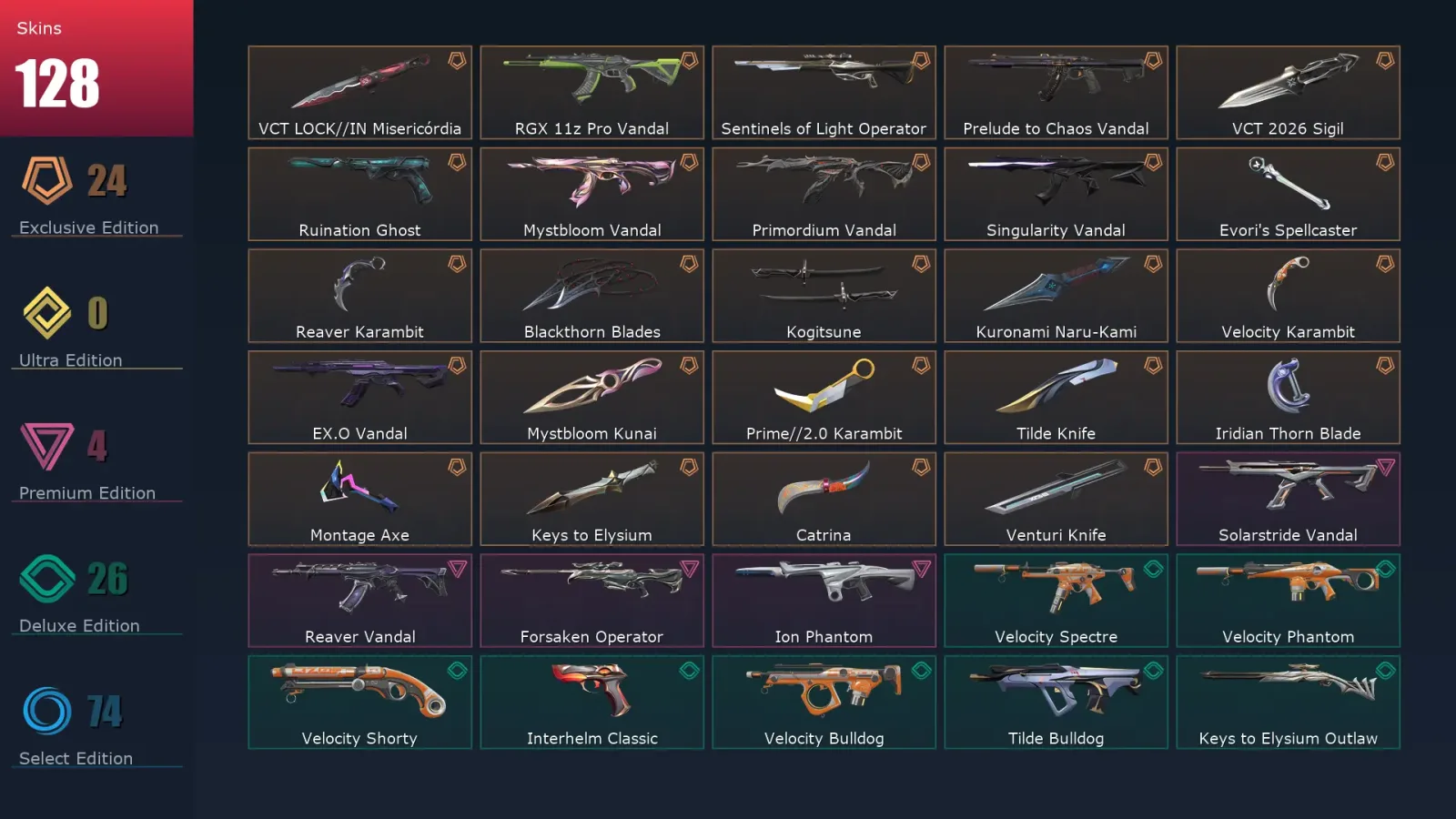 [Valorant] | EU | Level 407 | 29 Agents | 128 Skins