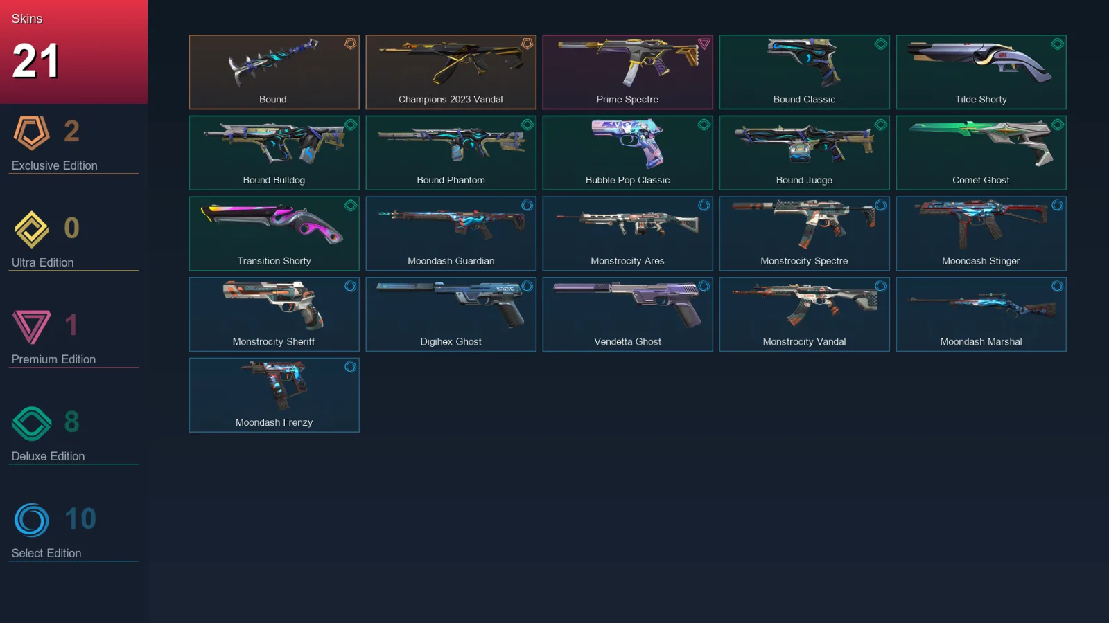 LA | Bound | Champions 2023 Vandal | Prime Spectre | Bound Classic | 21 Skin | 23 Agent | 58 Buddy | Lv152