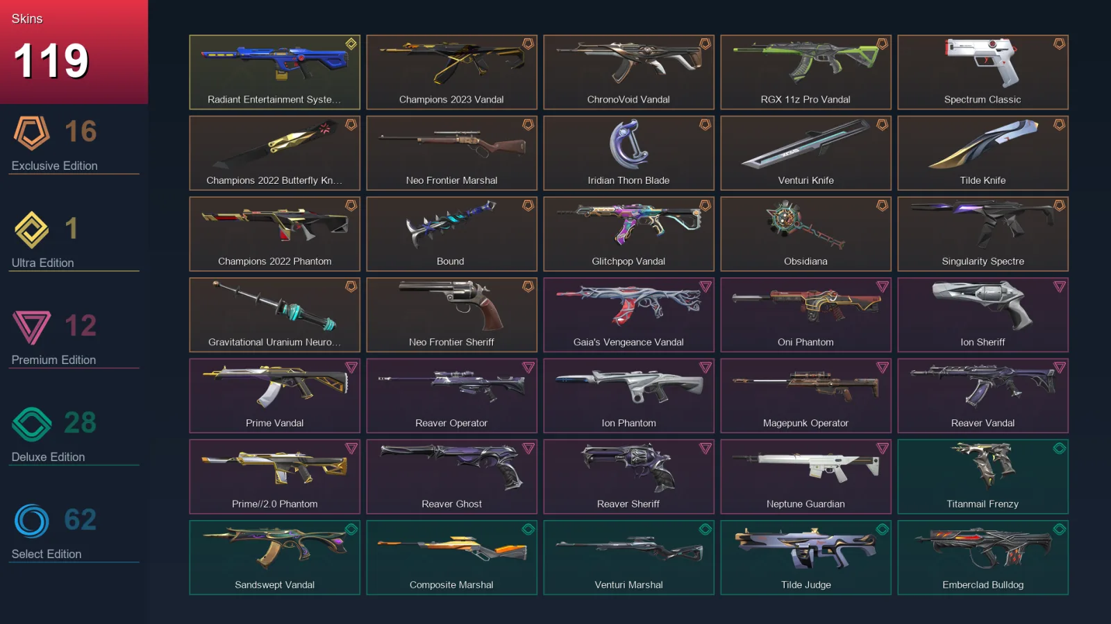 EU | Lv206 | Unranked | 119 Skin | 27 Agent | 125 Buddy