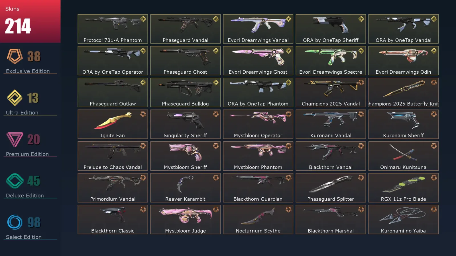 [Valorant] | EU | Level 416 | 29 Agents | 214 Skins