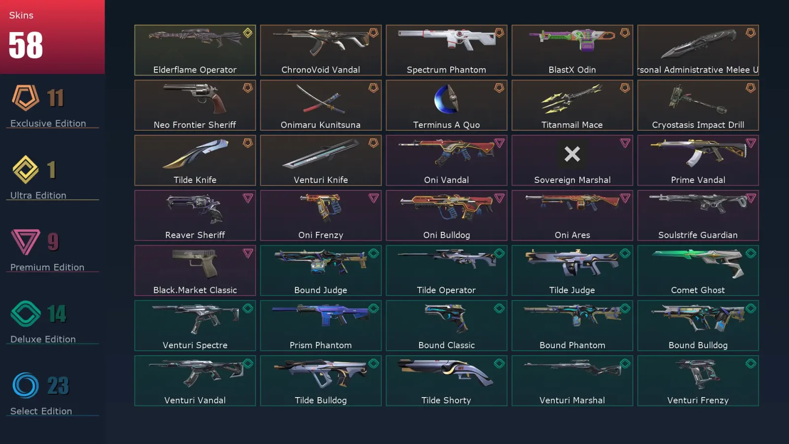 [Valorant] | EU | Level 133 | 25 Agents | 58 Skins