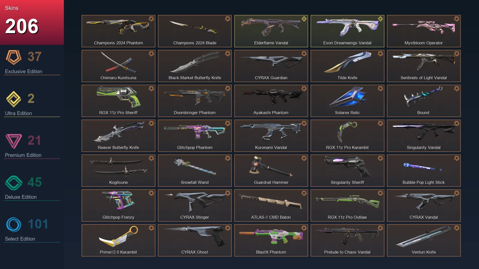 NA | Lv207 | Unranked | 206 Skin | 28 Agent | 165 Buddy — Valorant account