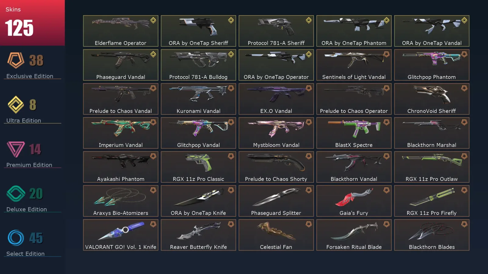 [Valorant] | EU | Level 311 | Platinum 3 | 29 Agents | 125 Skins