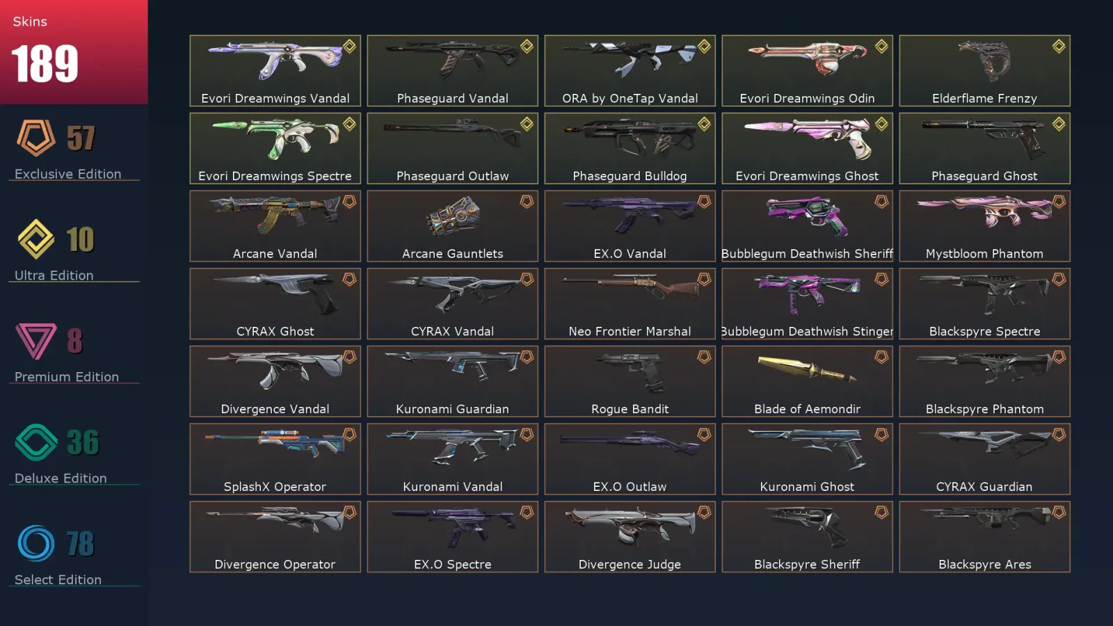 [Valorant] | EU | Level 219 | Gold 3 | 29 Agents | 189 Skins