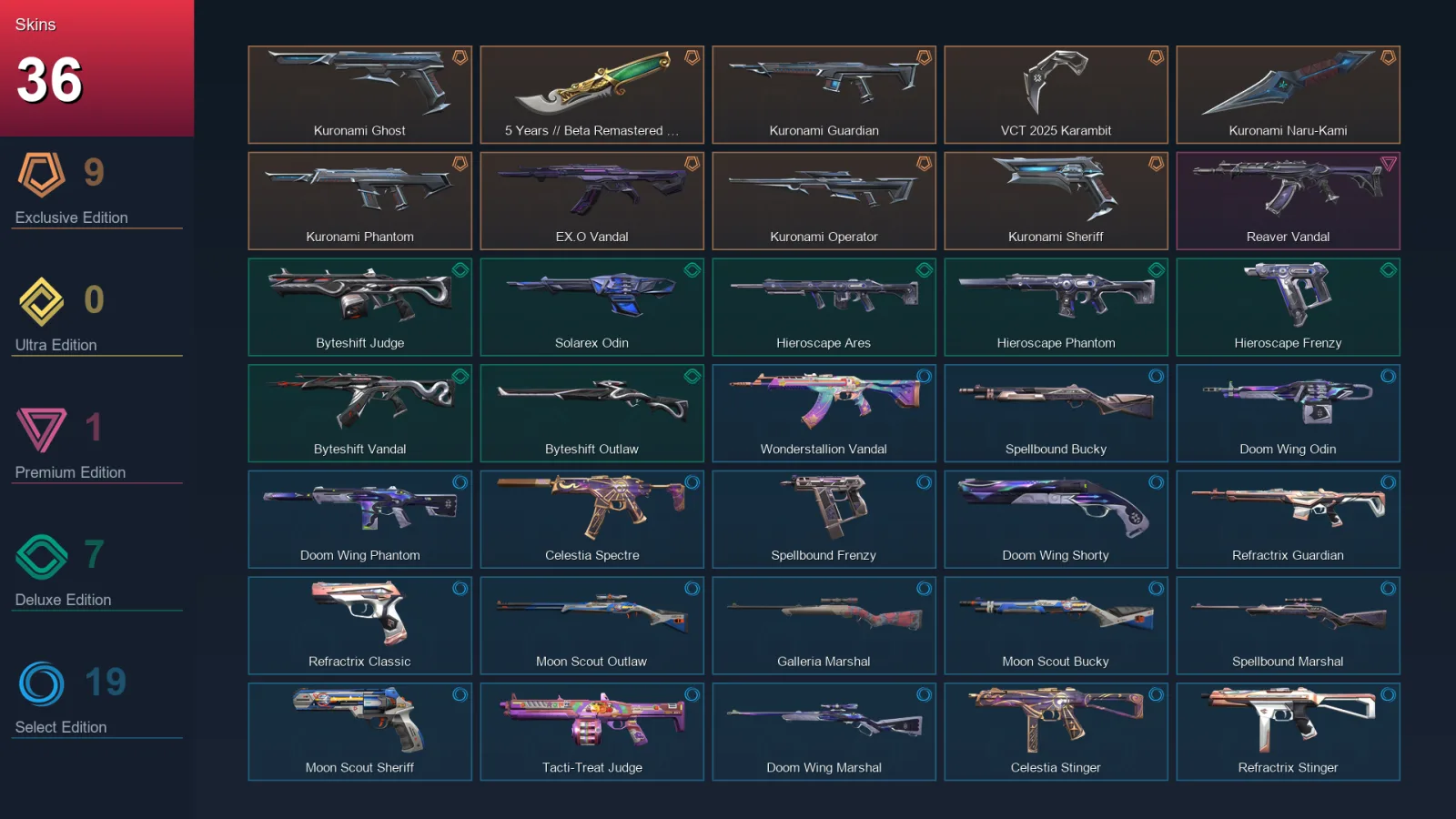 EU | Kuronami Ghost | 5 Years // Beta Remastered Knife | Kuronami Guardian | VCT 2025 Karambit | 36 Skin | 8 Agent | 37 Buddy | Lv33
