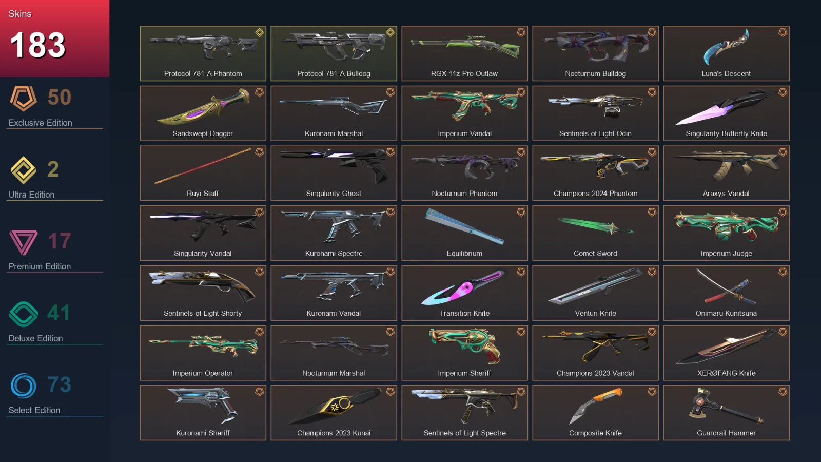 AP | Lv237 | Unranked | 183 Skin | 27 Agent | 138 Buddy