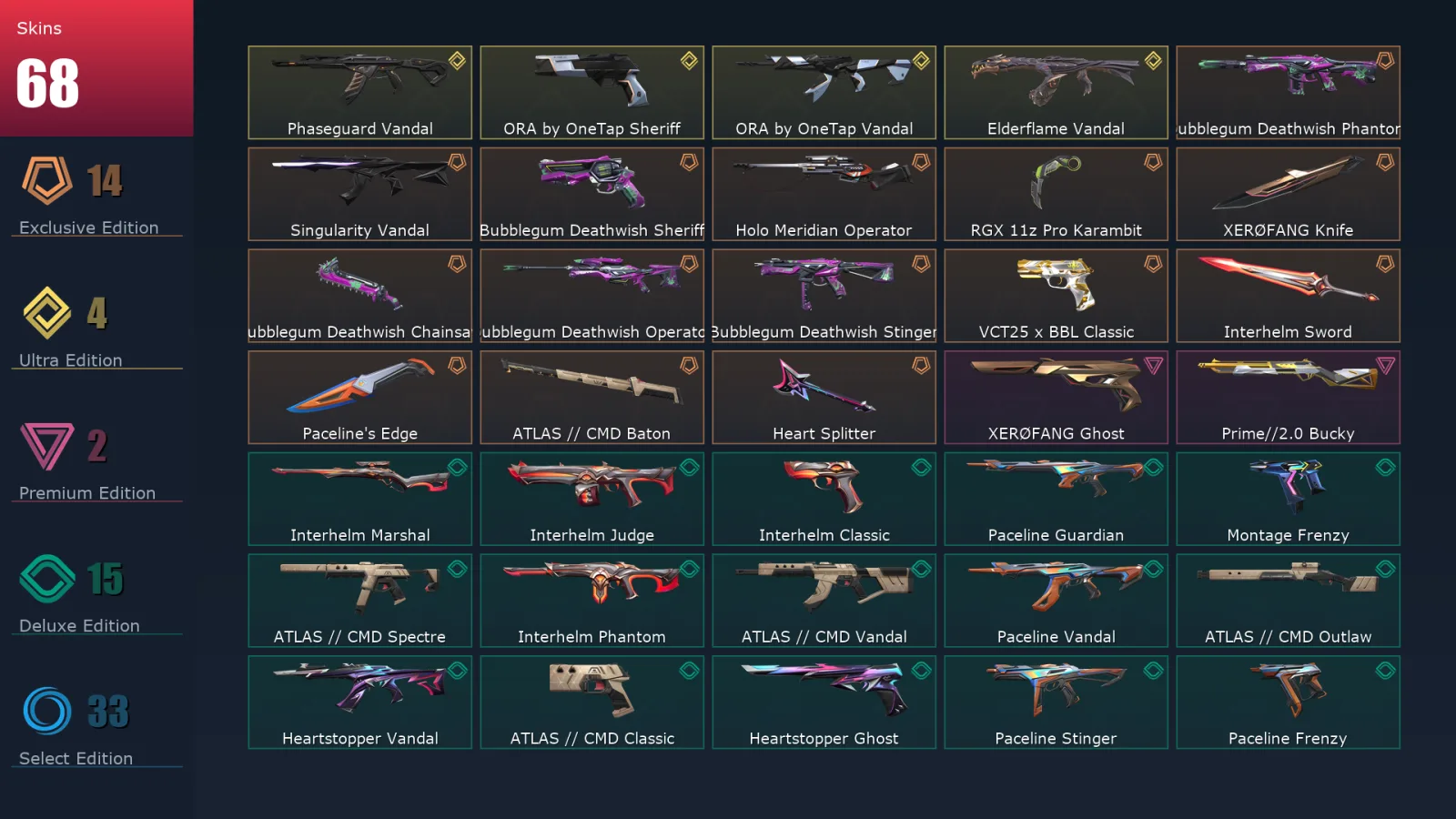 [Valorant] | EU | Level 81 | 25 Agents | 68 Skins