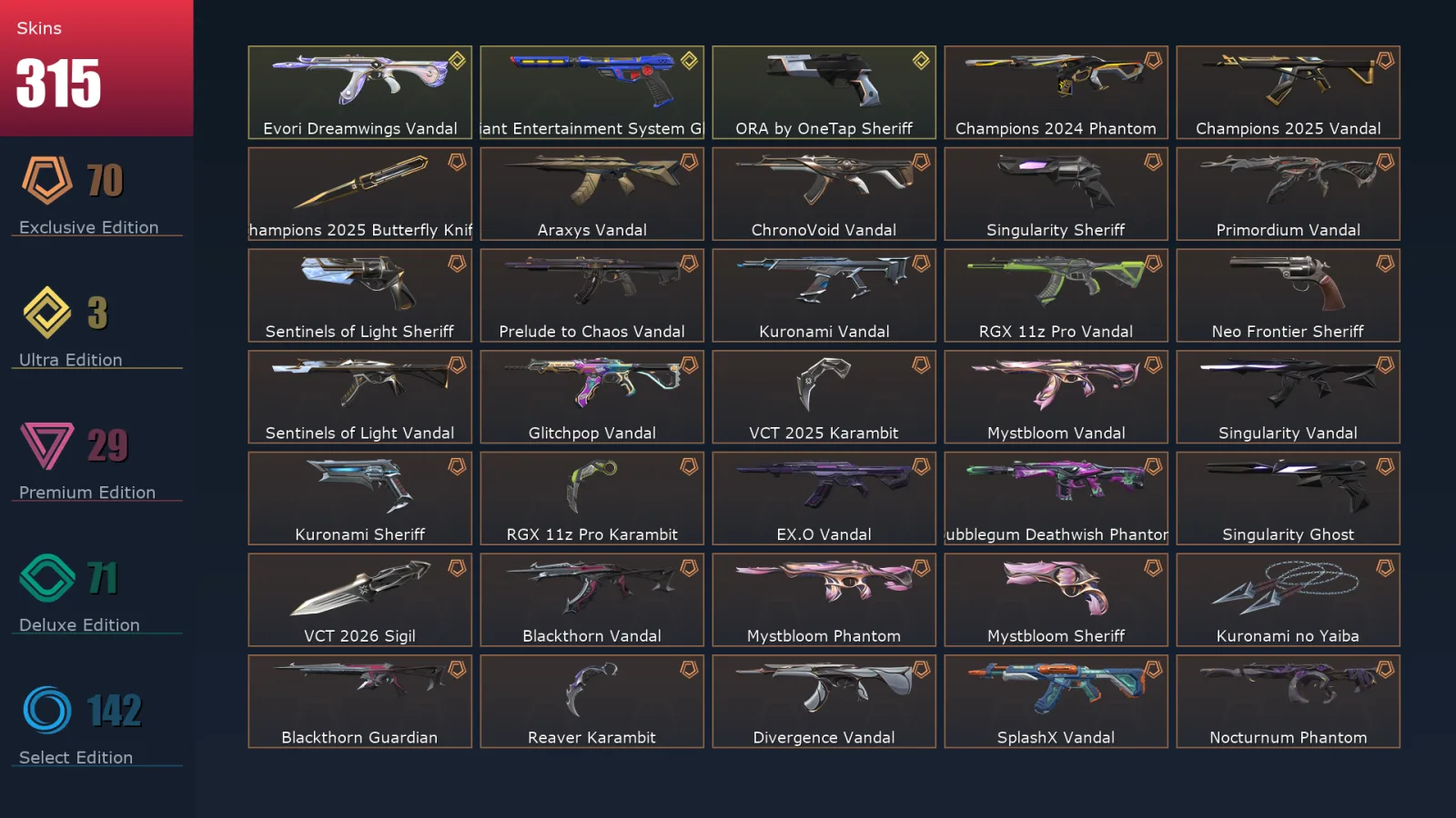 [Valorant] | EU | Level 384 | 29 Agents | 315 Skins