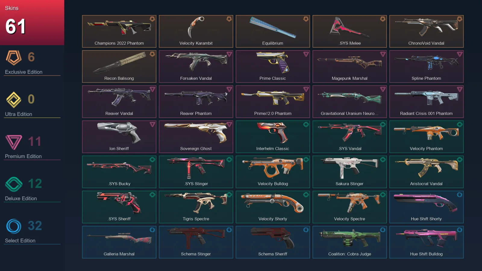 AP | Champions 2022 Phantom | Velocity Karambit | Equilibrium | .SYS Melee | 61 Skin | 29 Agent | 99 Buddy | Lv225