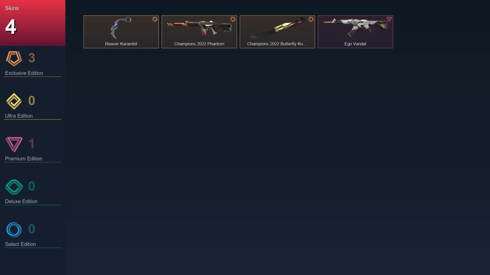 EU | Reaver Karambit | Champions 2022 Phantom | Champions 2022 Butterfly Knife | Ego Vandal | 4 Skin | 8 Agent | 7 Buddy | Lv24