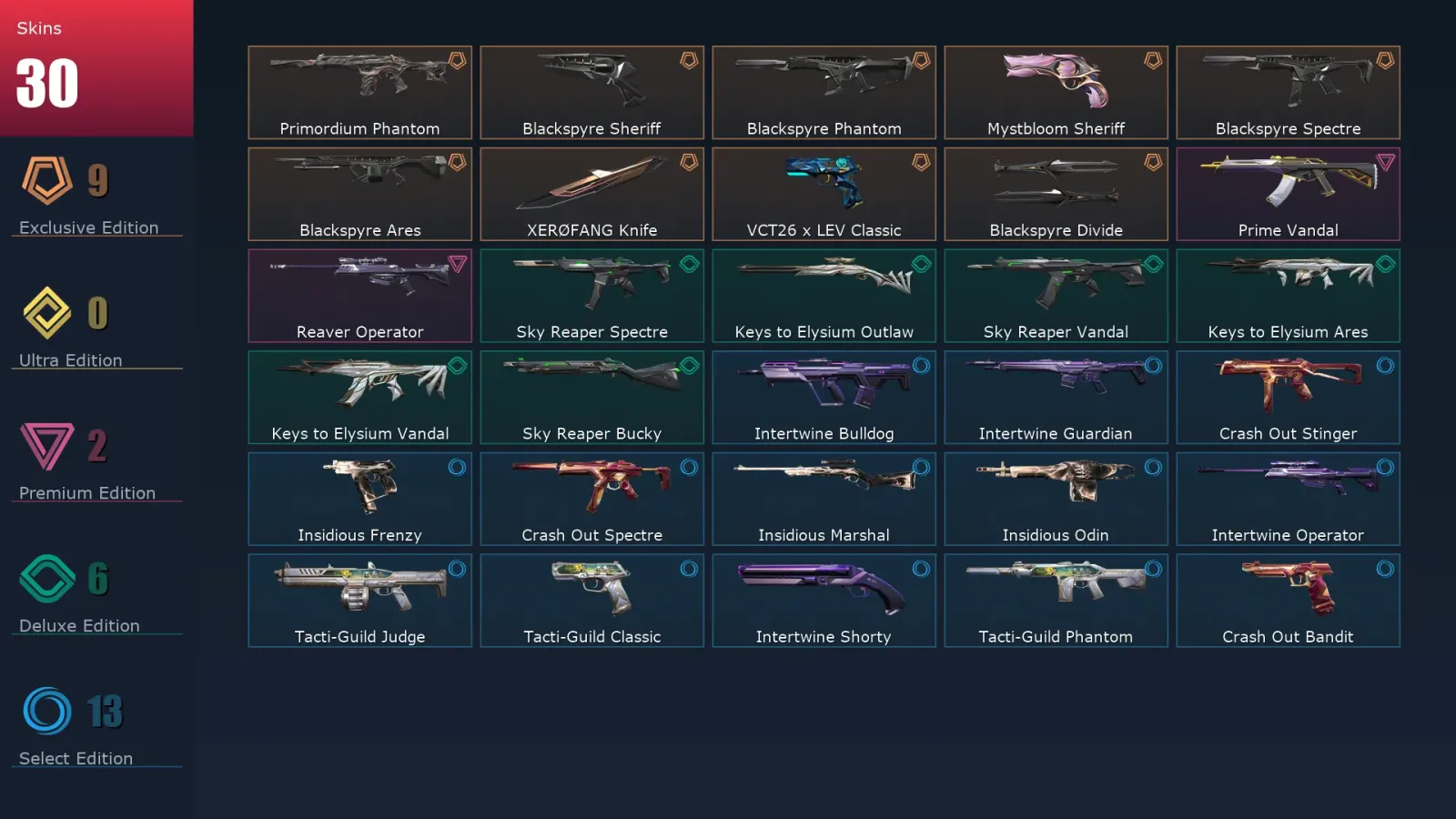 [Valorant] | EU | Level 33 | Platinum 3 | 10 Agents | 30 Skins