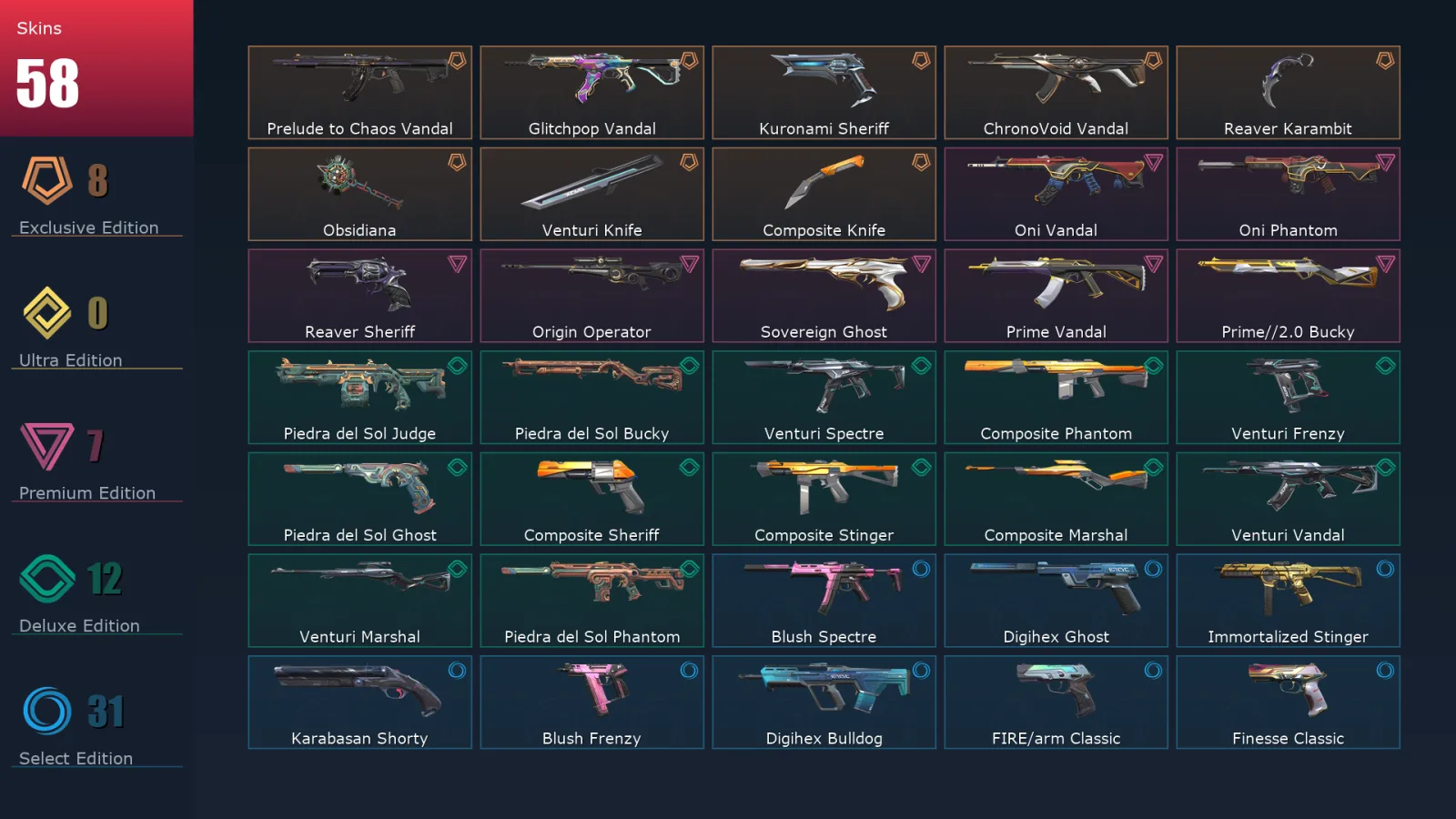 [Valorant] | EU | Level 174 | 26 Agents | 58 Skins