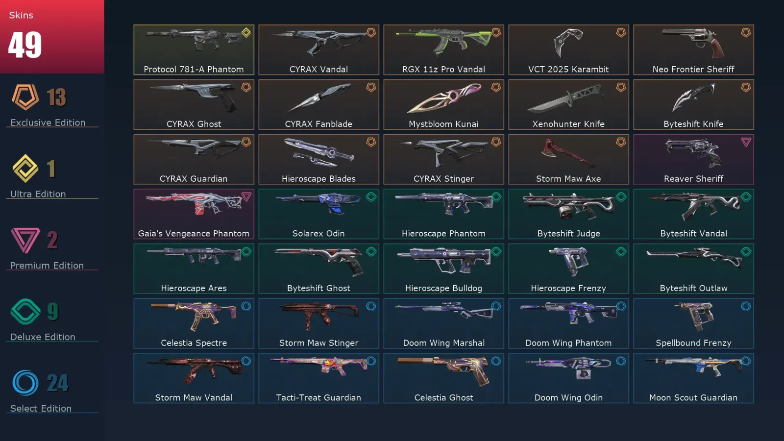 [Valorant] | EU | Level 47 | Platinum 1 | 17 Agents | 49 Skins
