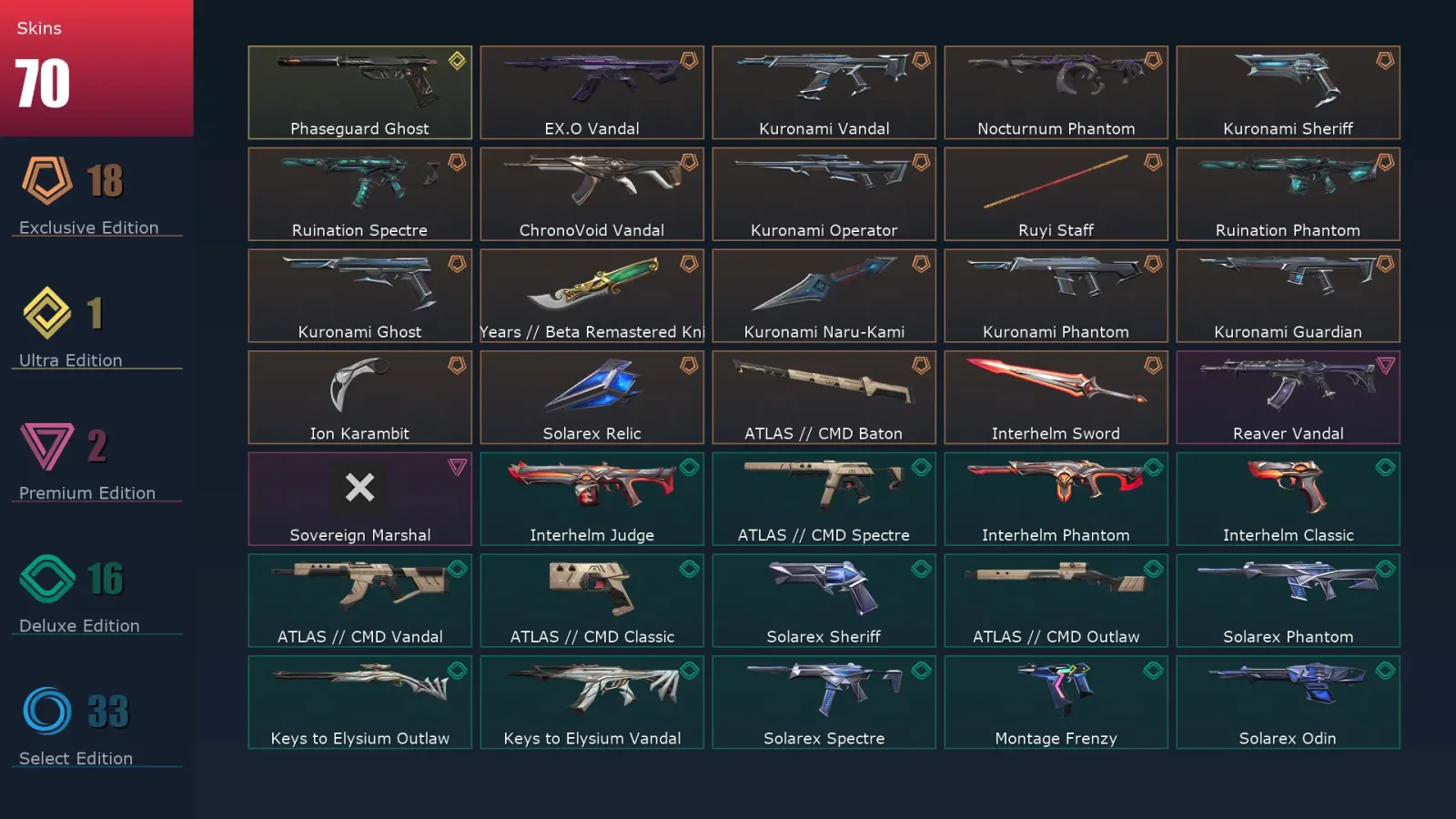 [Valorant] | EU | Level 114 | Gold 3 | 27 Agents | 70 Skins