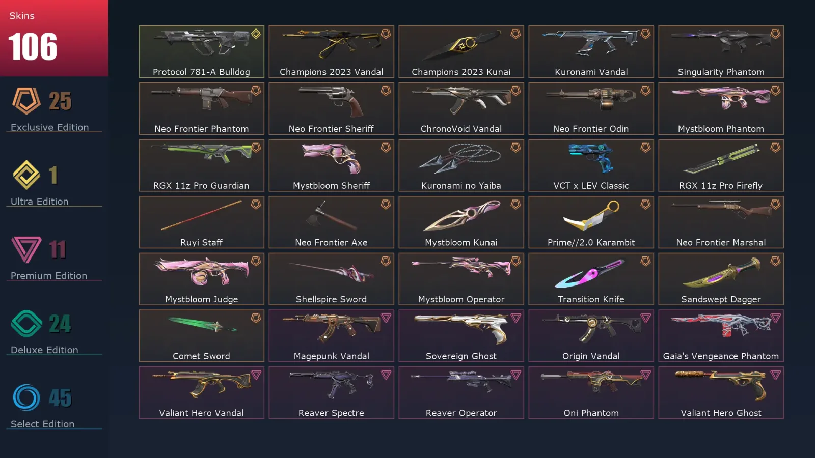 [Valorant] | EU | Level 90 | 23 Agents | 106 Skins