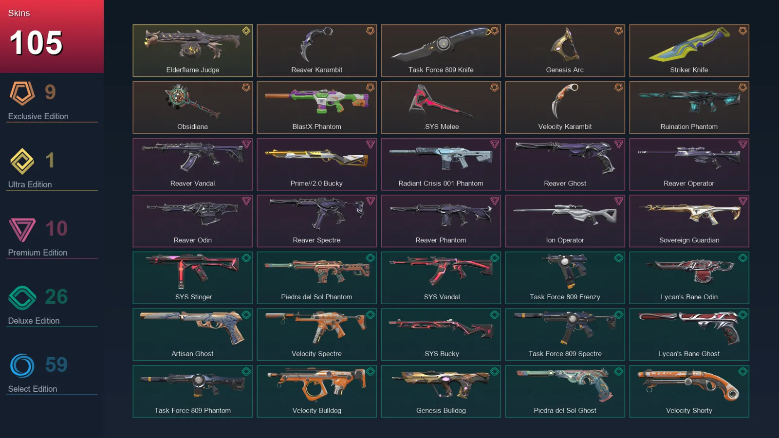 AP | Lv252 | Unranked | 105 Skin | 25 Agent | 128 Buddy — Ruination Phantom