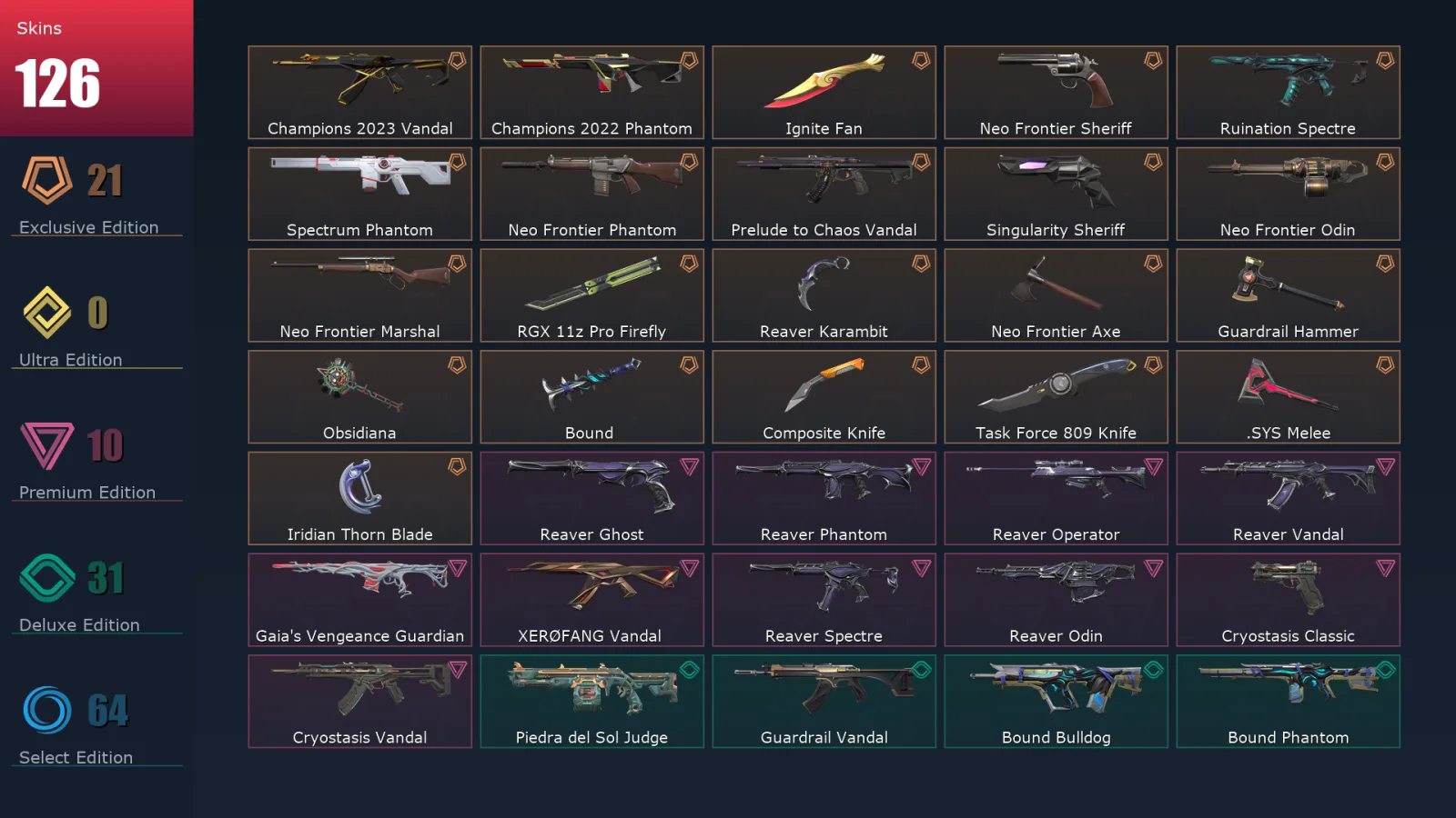 [Valorant] | EU | Level 385 | Platinum 2 | 29 Agents | 126 Skins