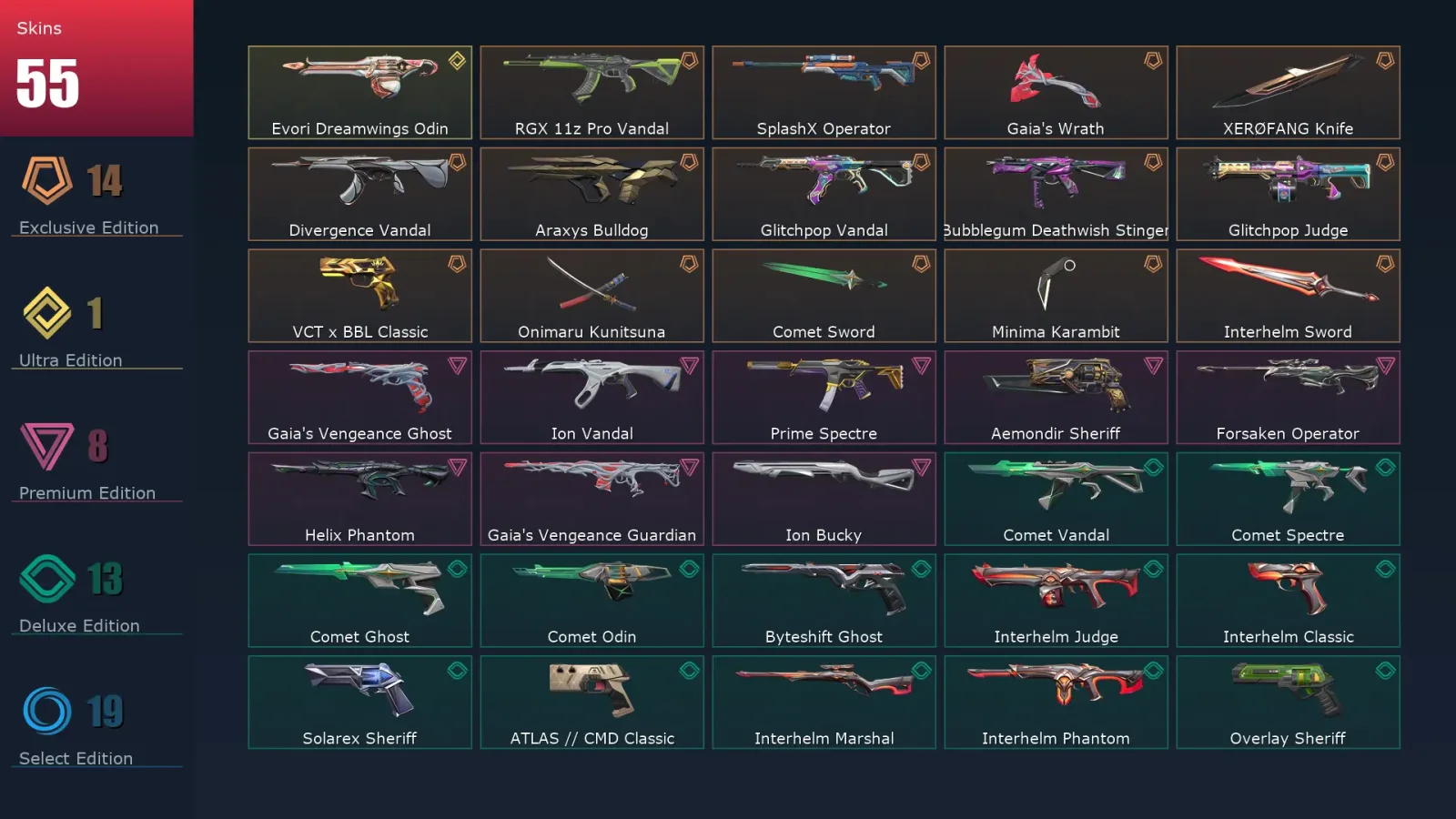 [Valorant] | EU | Level 178 | Platinum 3 | 29 Agents | 55 Skins — Forsaken Operator