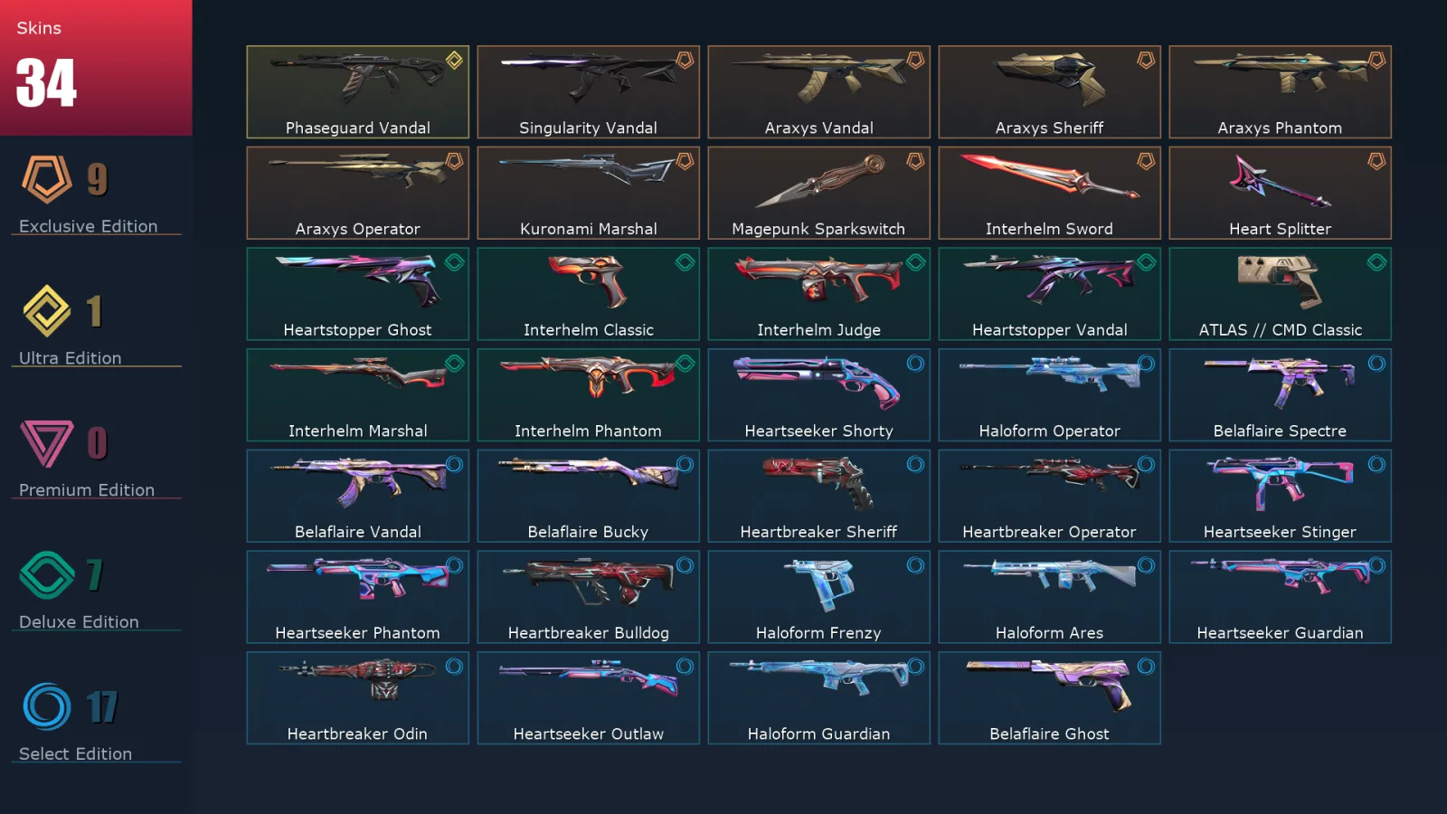 [Valorant] | EU | Level 67 | 21 Agents | 34 Skins