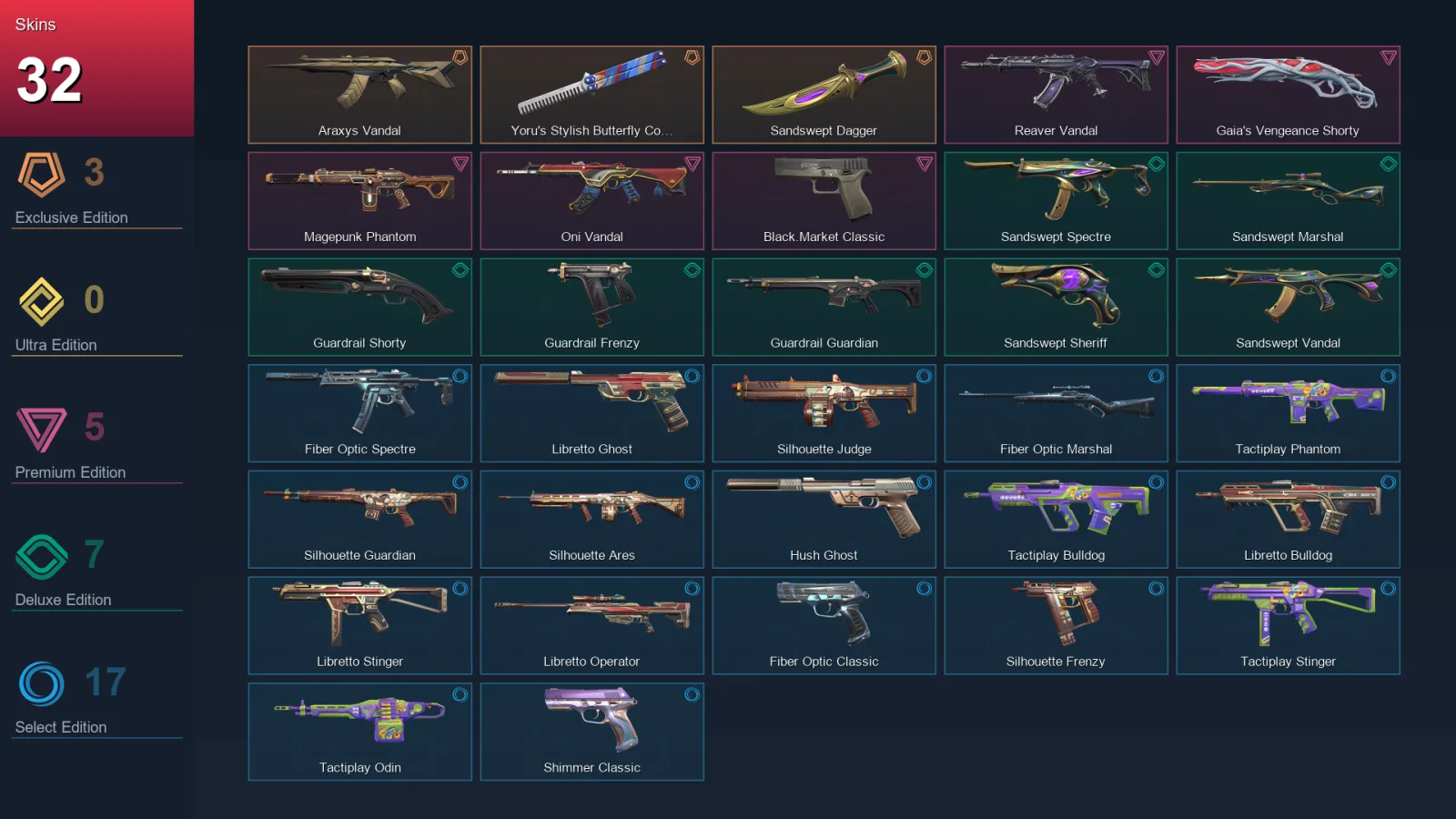 BR | Araxys Vandal | Yoru's Stylish Butterfly Comb | Sandswept Dagger | Reaver Vandal | 32 Skin | 24 Agent | 51 Buddy | Lv83