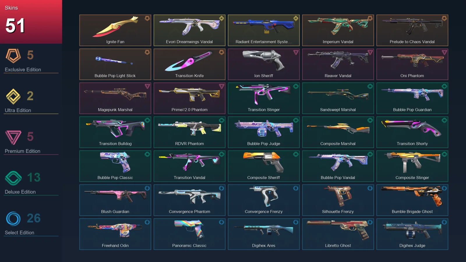 EU | Ignite Fan | Imperium Vandal | Prelude to Chaos Vandal | Bubble Pop Light Stick | 51 Skin | 25 Agent | 54 Buddy | Lv98