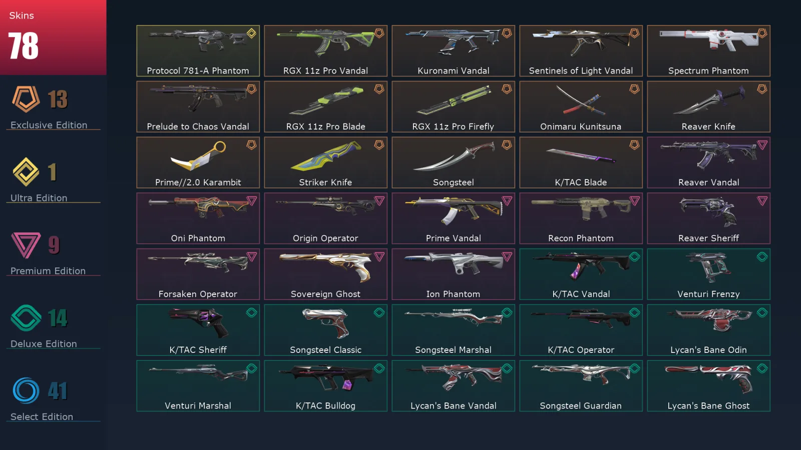 [Valorant] | EU | Level 209 | 26 Agents | 78 Skins