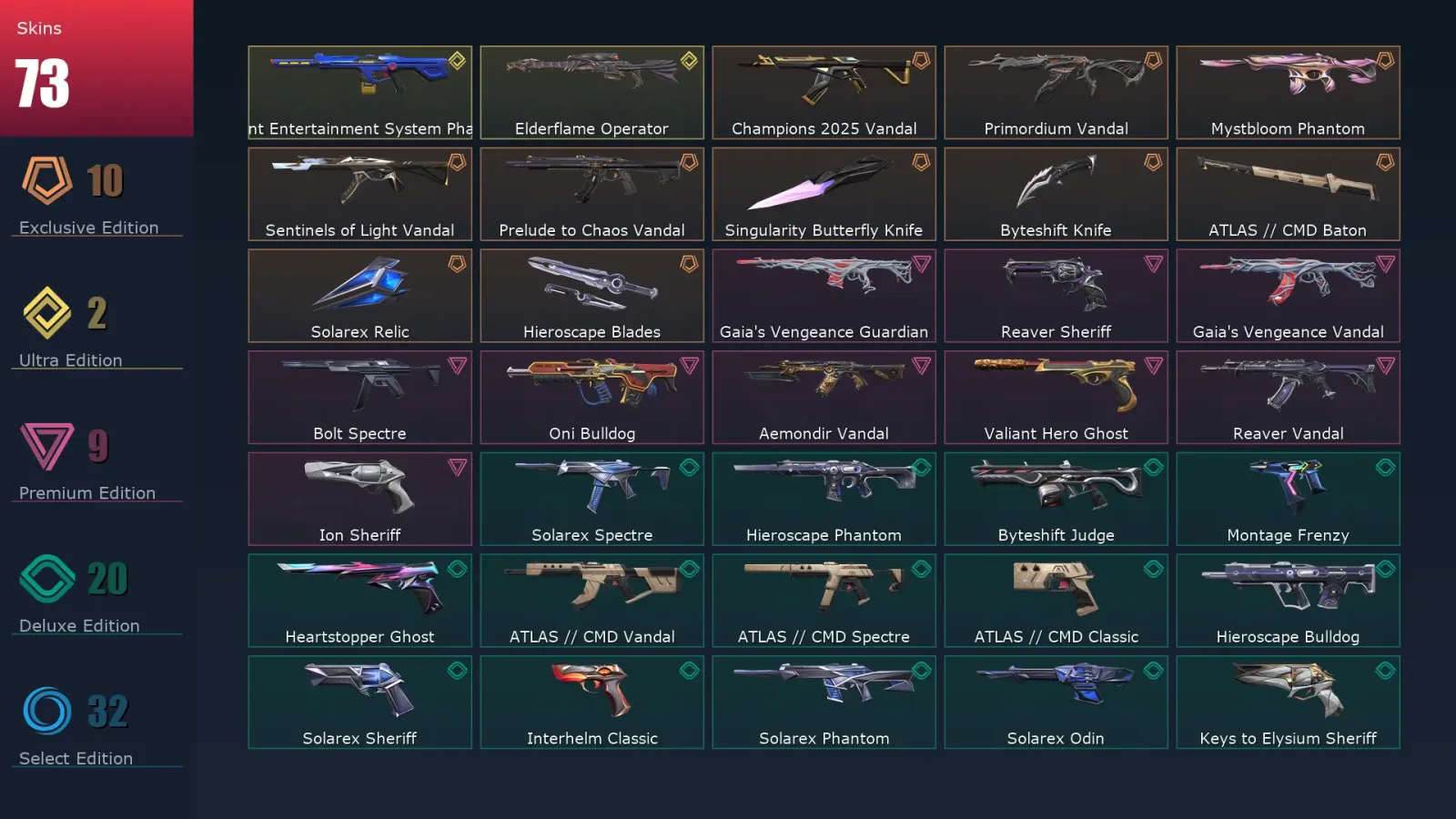 [Valorant] | EU | Level 249 | Silver 2 | 29 Agents | 73 Skins