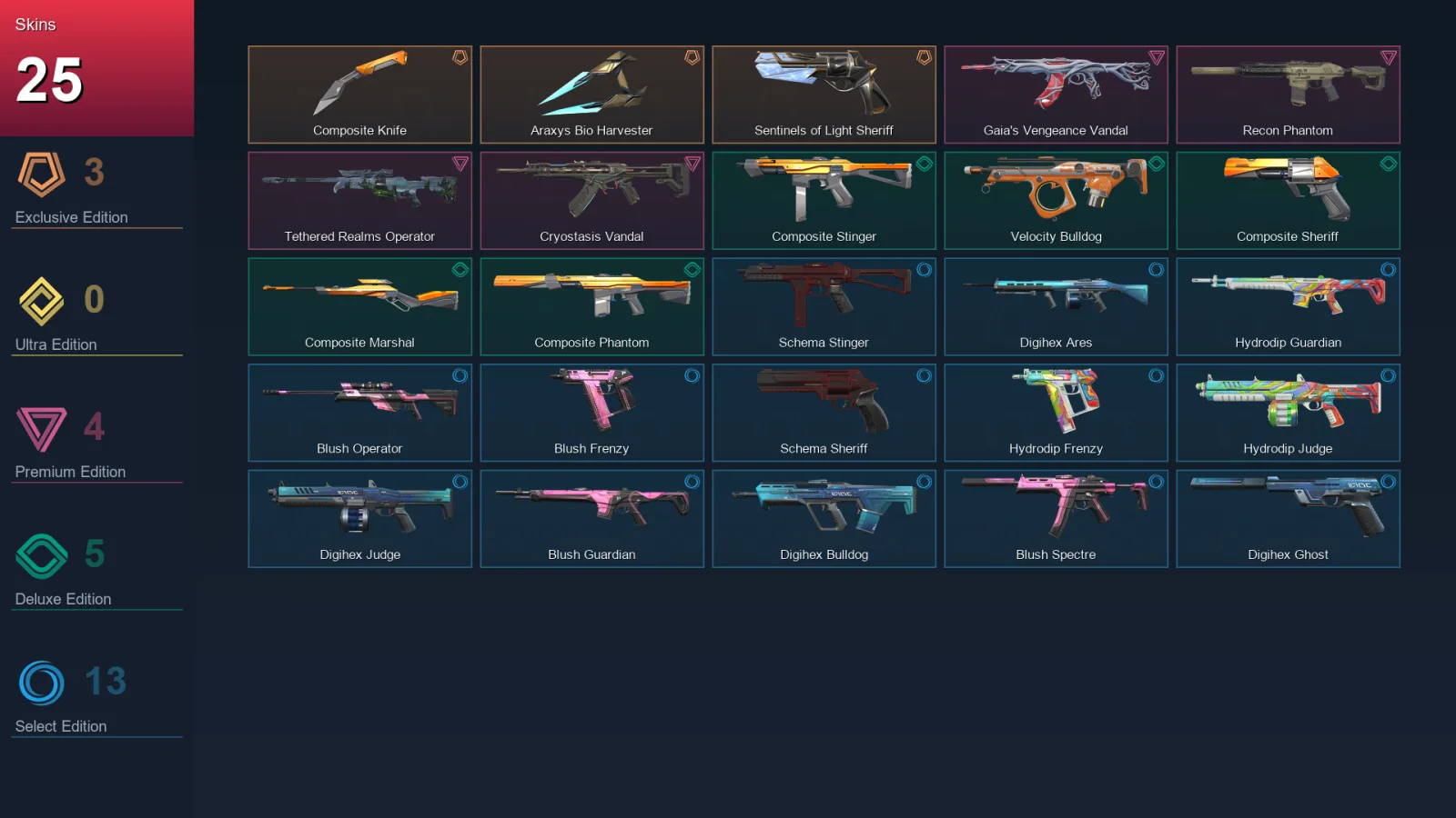 EU | Composite Knife | Araxys Bio Harvester | Sentinels of Light Sheriff | Gaia's Vengeance Vandal | 25 Skin | 17 Agent | 25 Buddy | Lv49