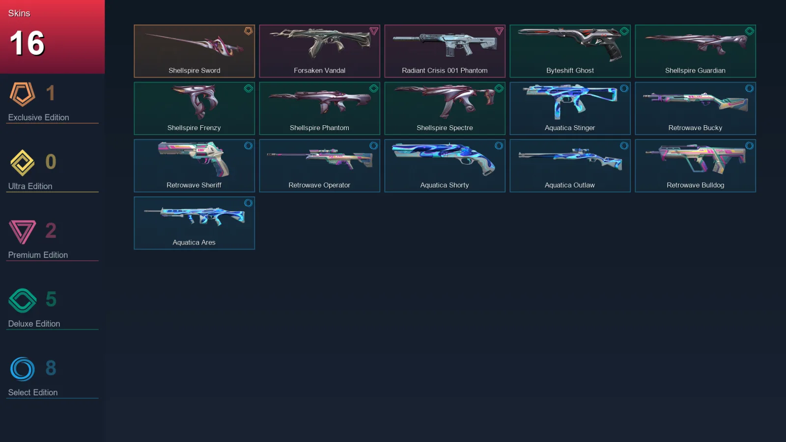 AP | Shellspire Sword | Forsaken Vandal | Radiant Crisis 001 Phantom | Byteshift Ghost | 16 Skin | 21 Agent | 28 Buddy | Lv64 — Valorant account