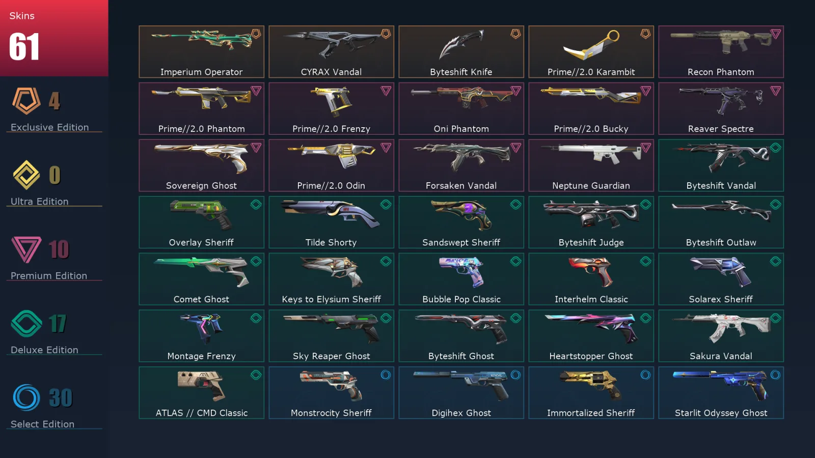 [Valorant] | EU | Level 500 | Diamond 3 | 29 Agents | 61 Skins