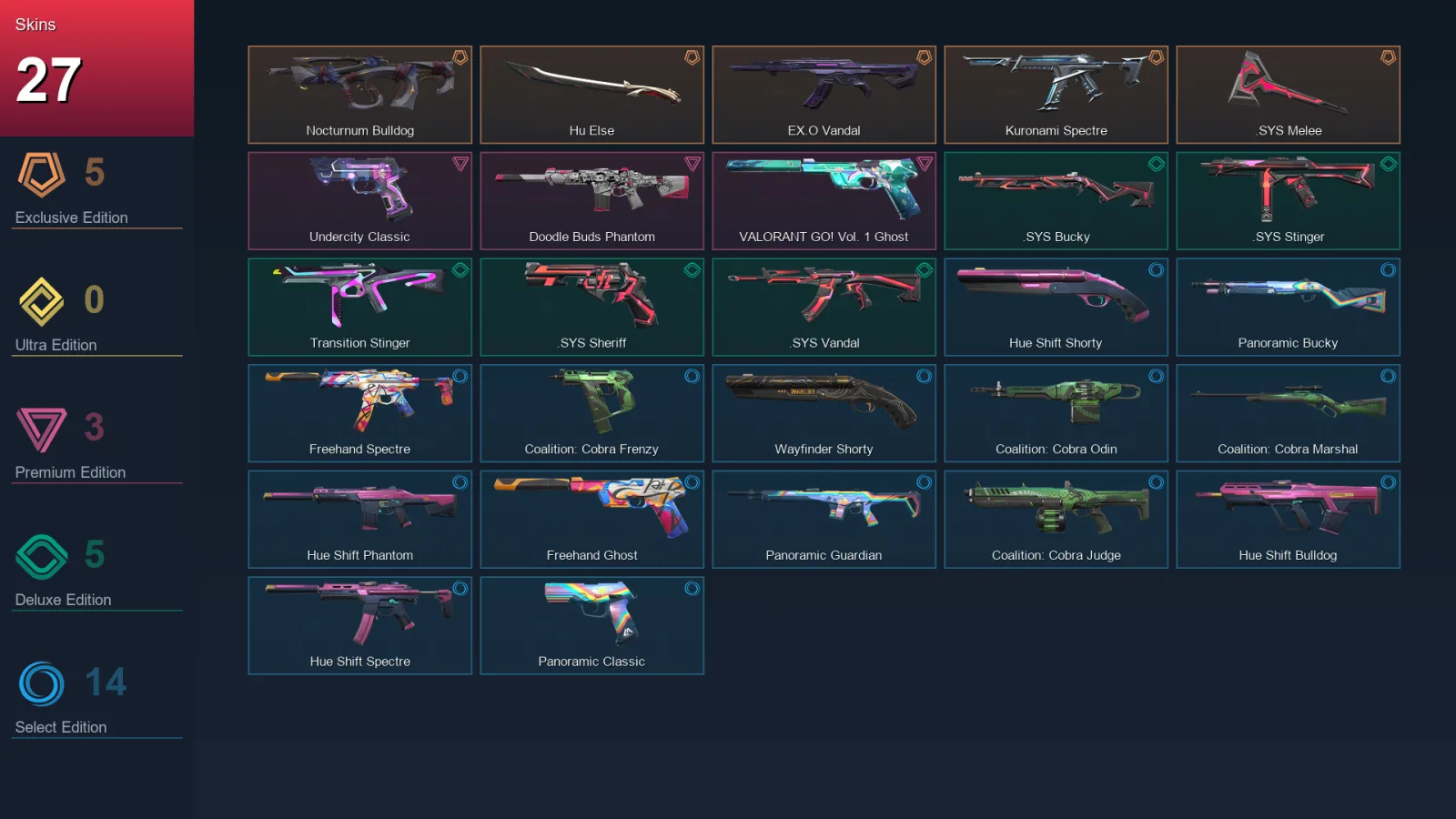 NA | Lv65 | Unranked | 27 Skin | 19 Agent | 43 Buddy