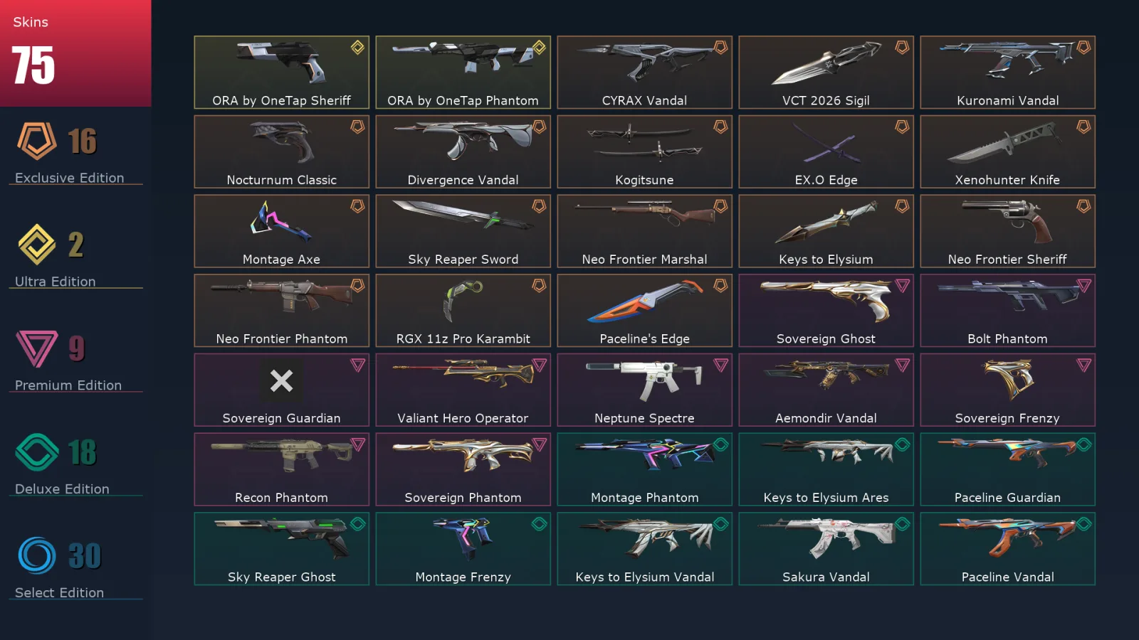 [Valorant] | EU | Level 54 | Platinum 3 | 16 Agents | 78 Skins