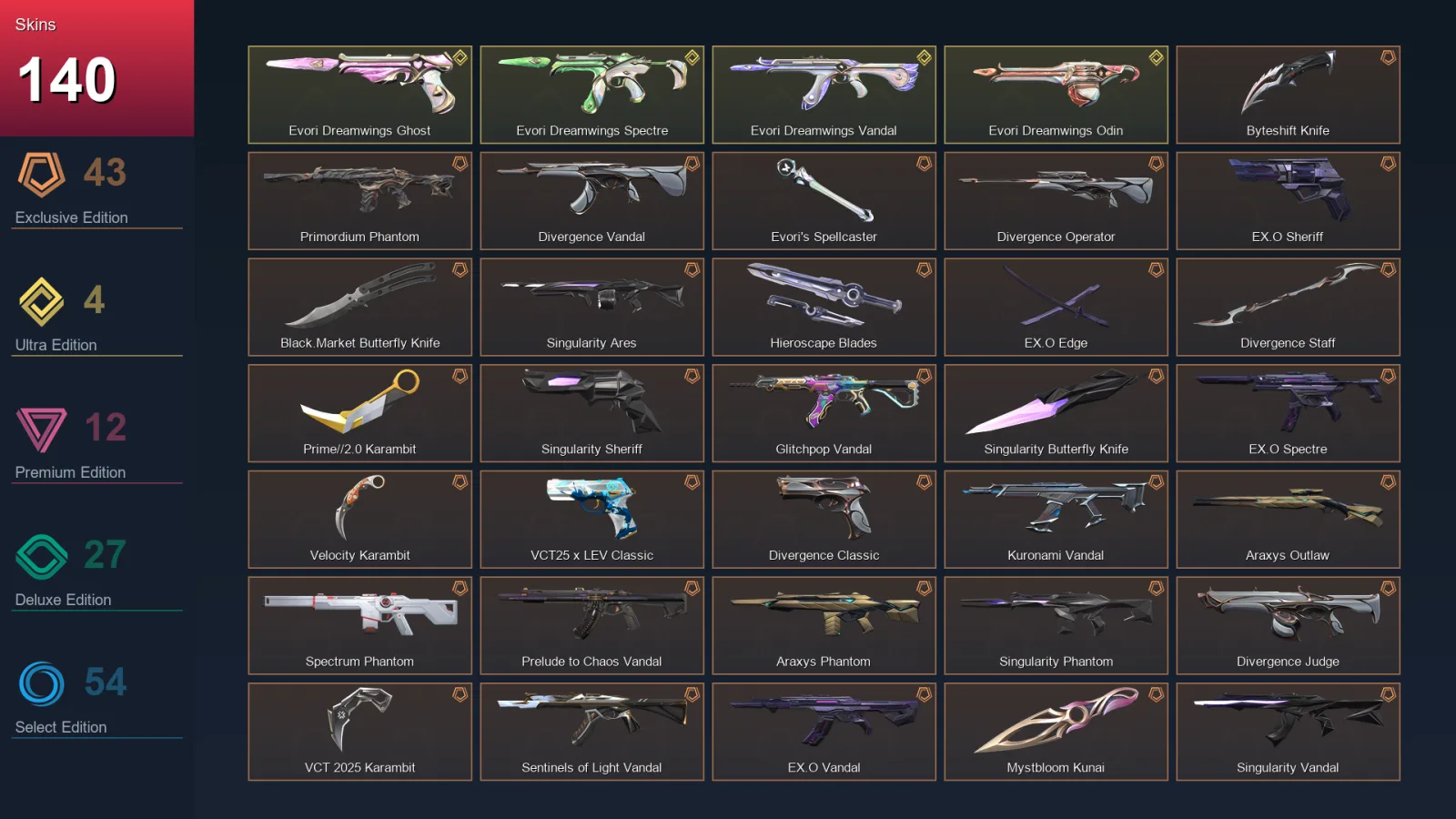 NA | Byteshift Knife | Primordium Phantom | Divergence Vandal | Evori's Spellcaster | 140 Skin | 27 Agent | 99 Buddy | Lv159